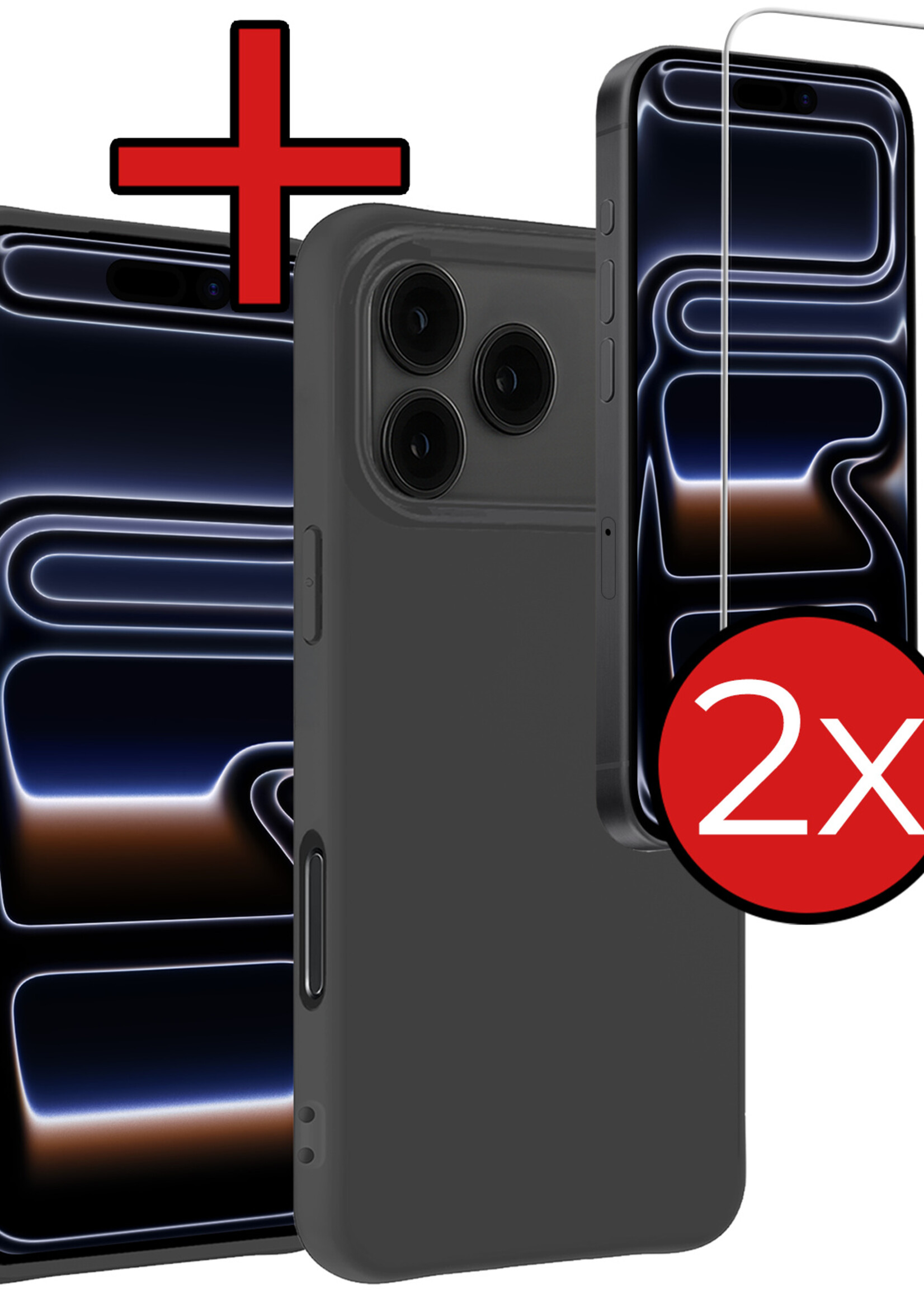 BTH BTH iPhone 17 Pro Hoesje Siliconen Met 2x Screenprotector Met Dichte Notch - Zwart
