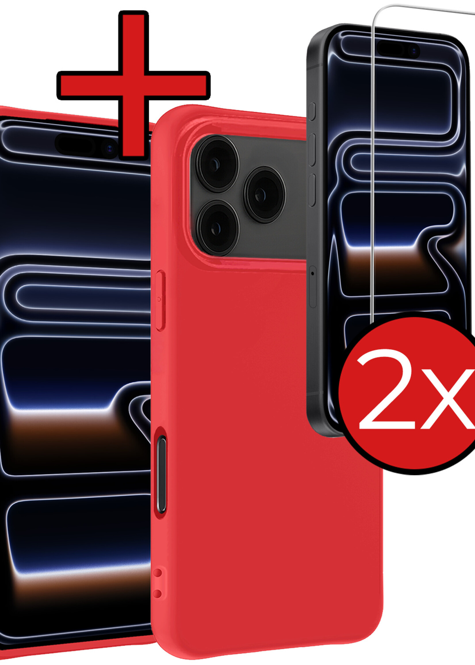 BTH BTH iPhone 17 Pro Max Hoesje Siliconen Met 2x Screenprotector Met Dichte Notch - Rood