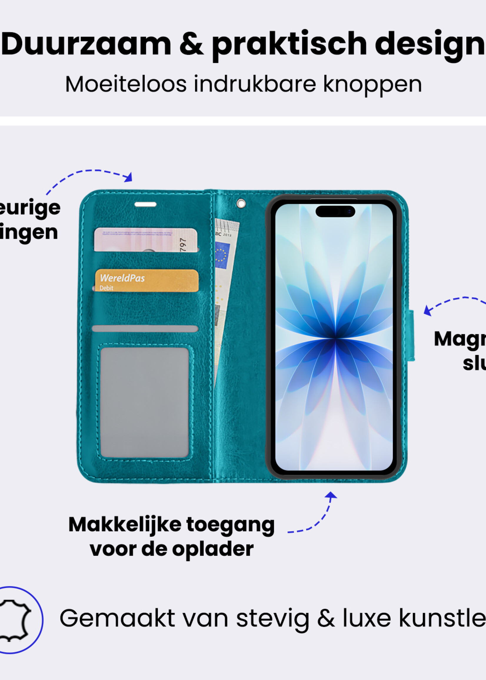 BTH BTH iPhone 17 Hoesje Bookcase Met 2x Screenprotector - Turquoise