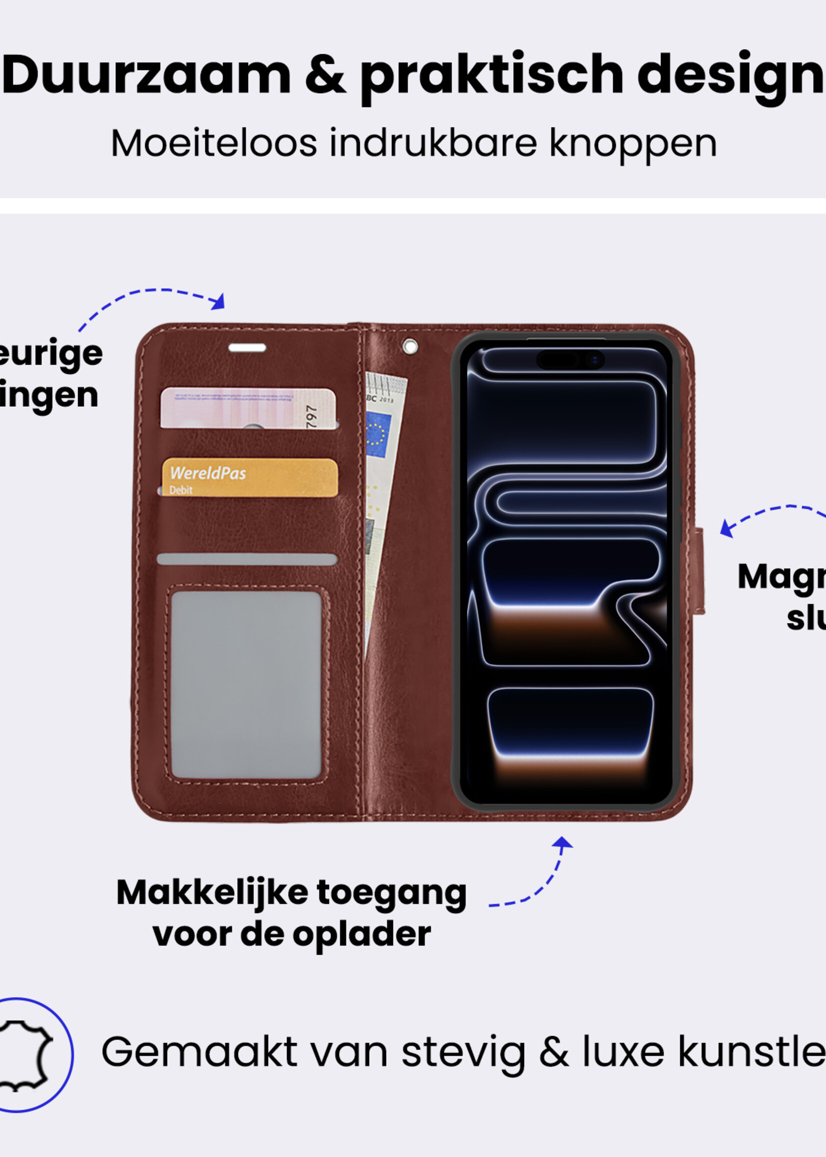 BTH BTH iPhone 17 Pro Hoesje Bookcase Met 2x Screenprotector - Bruin