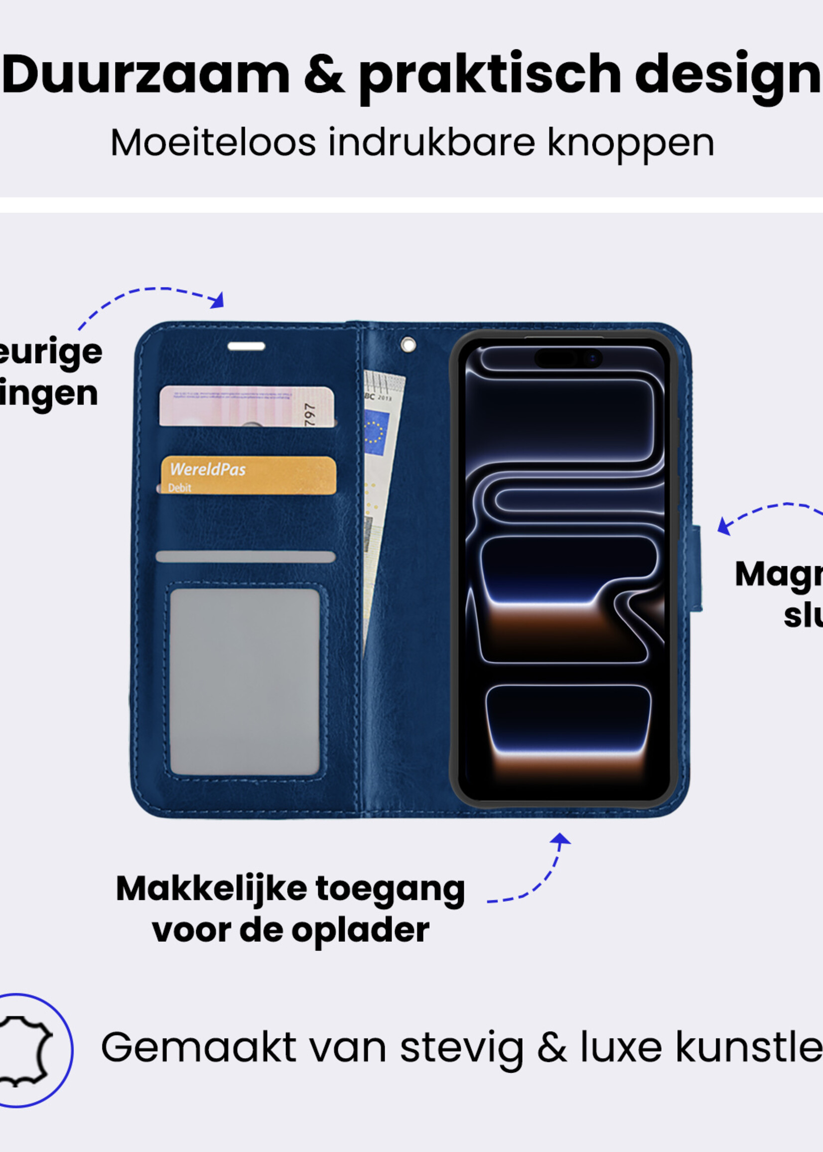 BTH BTH iPhone 17 Pro Hoesje Bookcase Met 2x Screenprotector - Donkerblauw