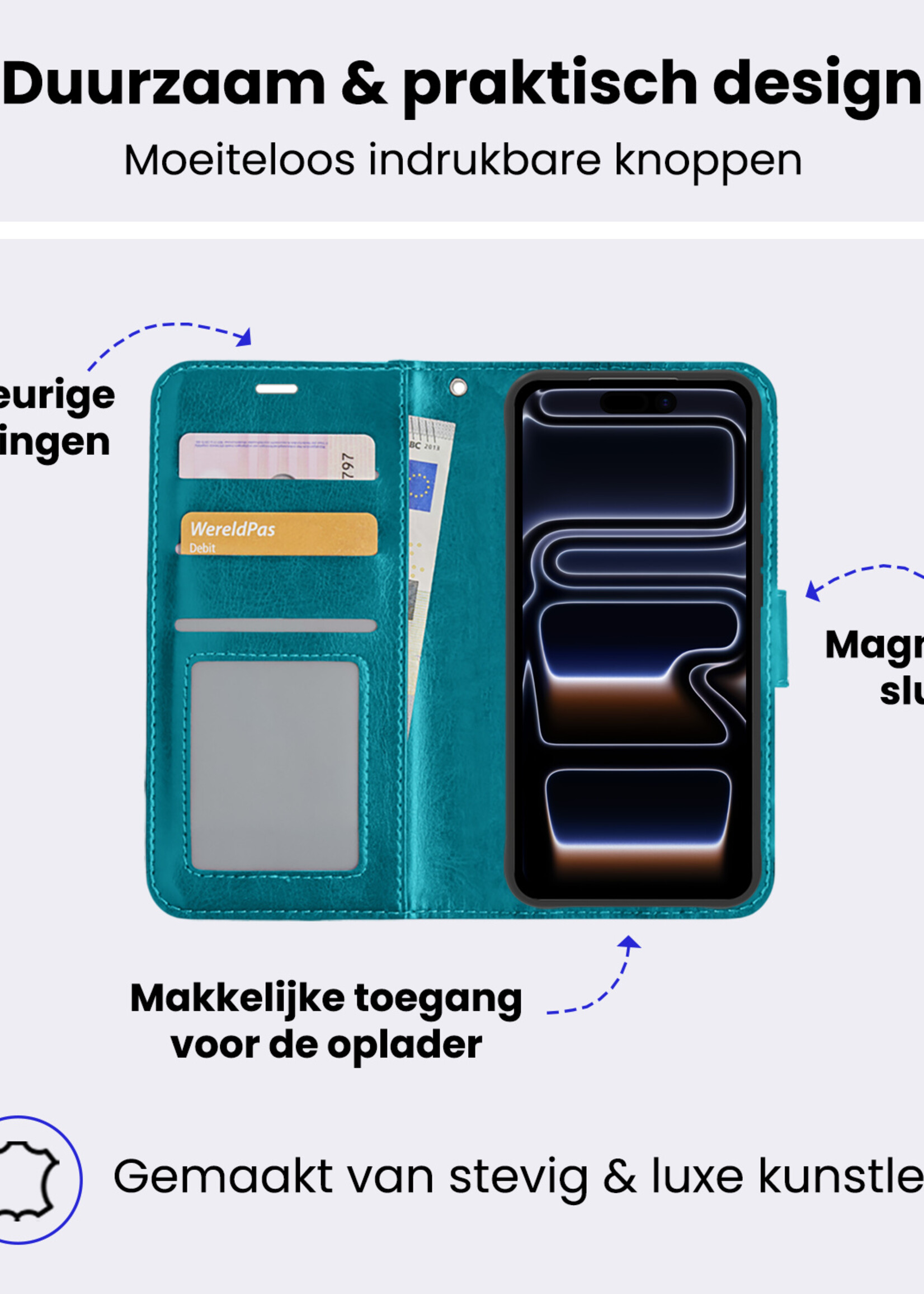 BTH BTH iPhone 17 Pro Hoesje Bookcase Met 2x Screenprotector - Turquoise