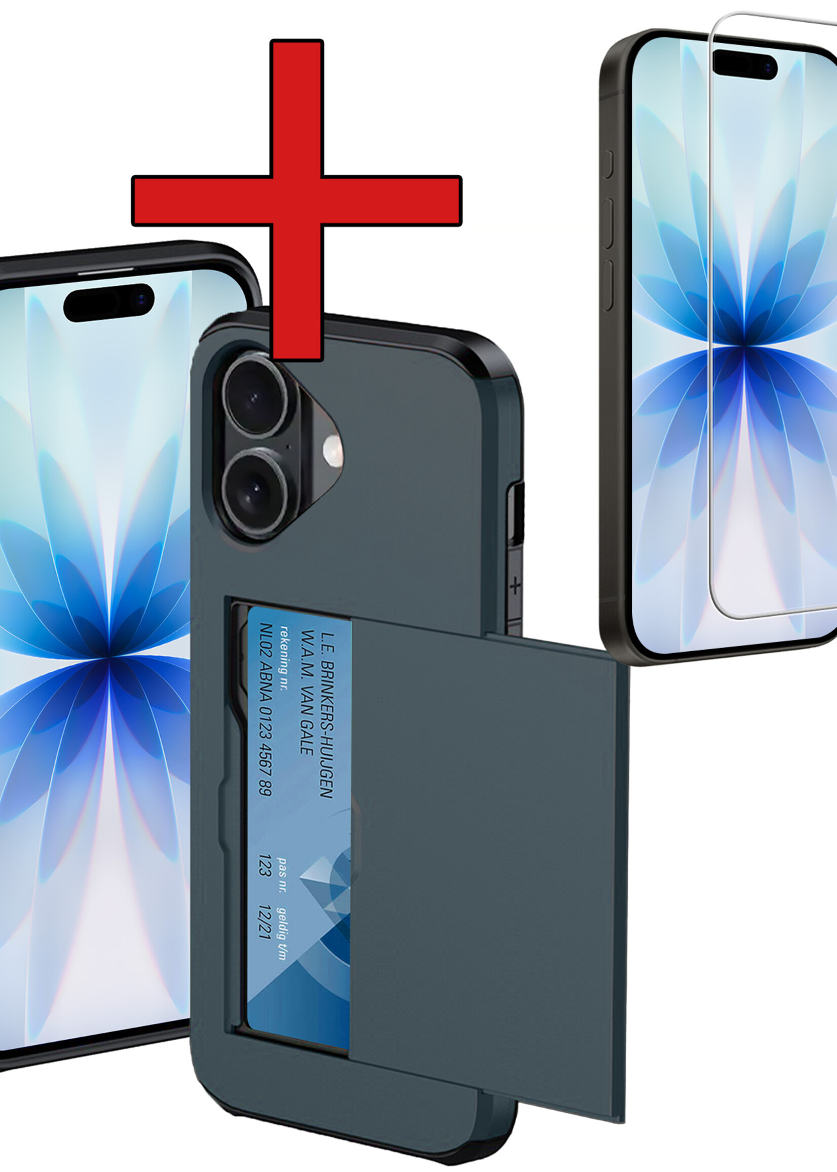 BTH BTH iPhone 17 Hoesje Pashouder Hard Met Screenprotector - Donker Blauw