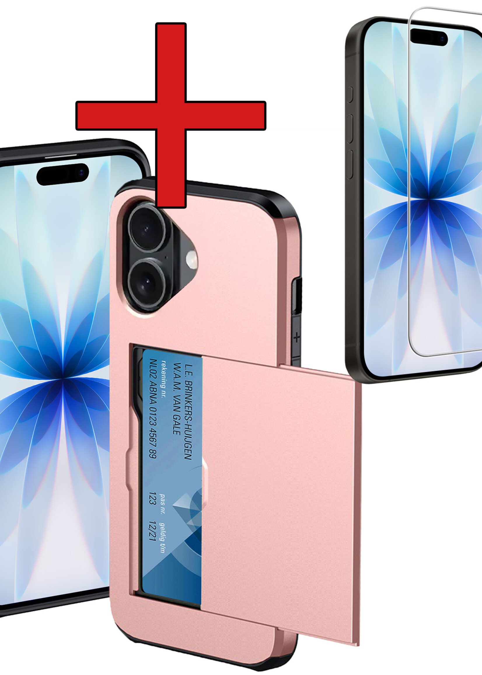 BTH BTH iPhone 17 Hoesje Pashouder Hard Met Screenprotector - Rosé Goud