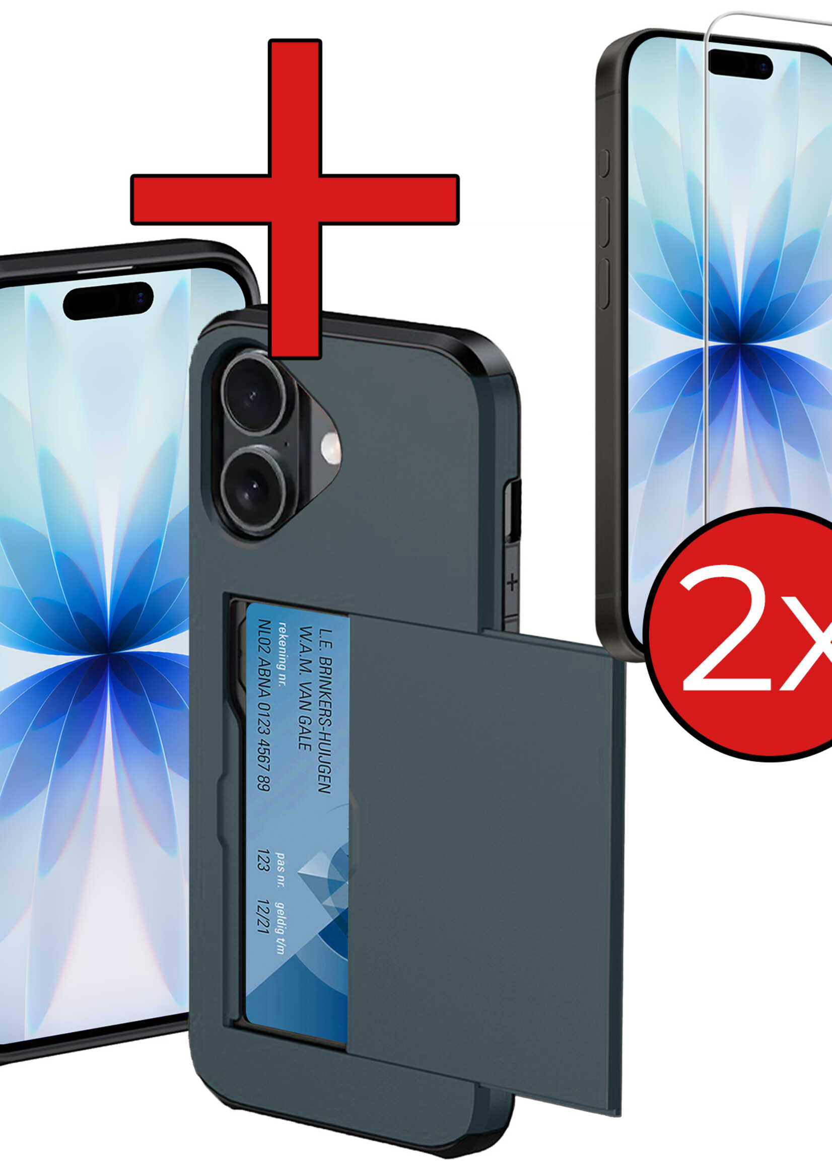 BTH BTH iPhone 17 Hoesje Pashouder Hard Met 2x Screenprotector - Donker Blauw