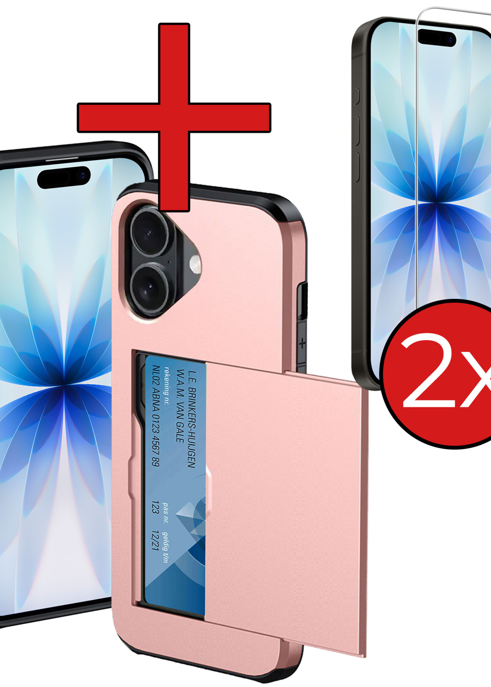 BTH BTH iPhone 17 Hoesje Pashouder Hard Met 2x Screenprotector - Rosé Goud