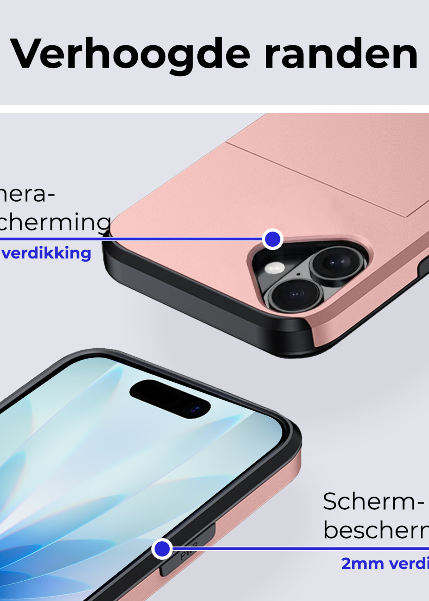 BTH BTH iPhone 17 Hoesje Pashouder Hard Met 2x Screenprotector - Rosé Goud