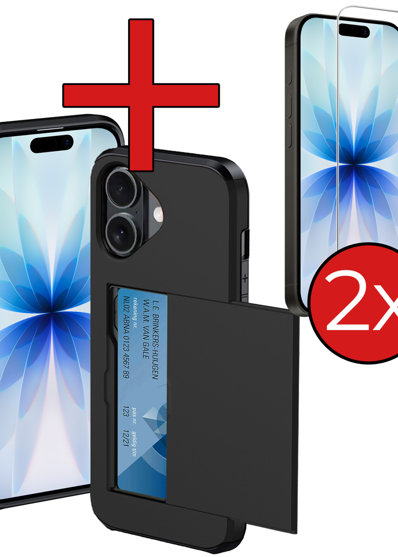 BTH BTH iPhone 17 Hoesje Pashouder Hard Met 2x Screenprotector - Zwart