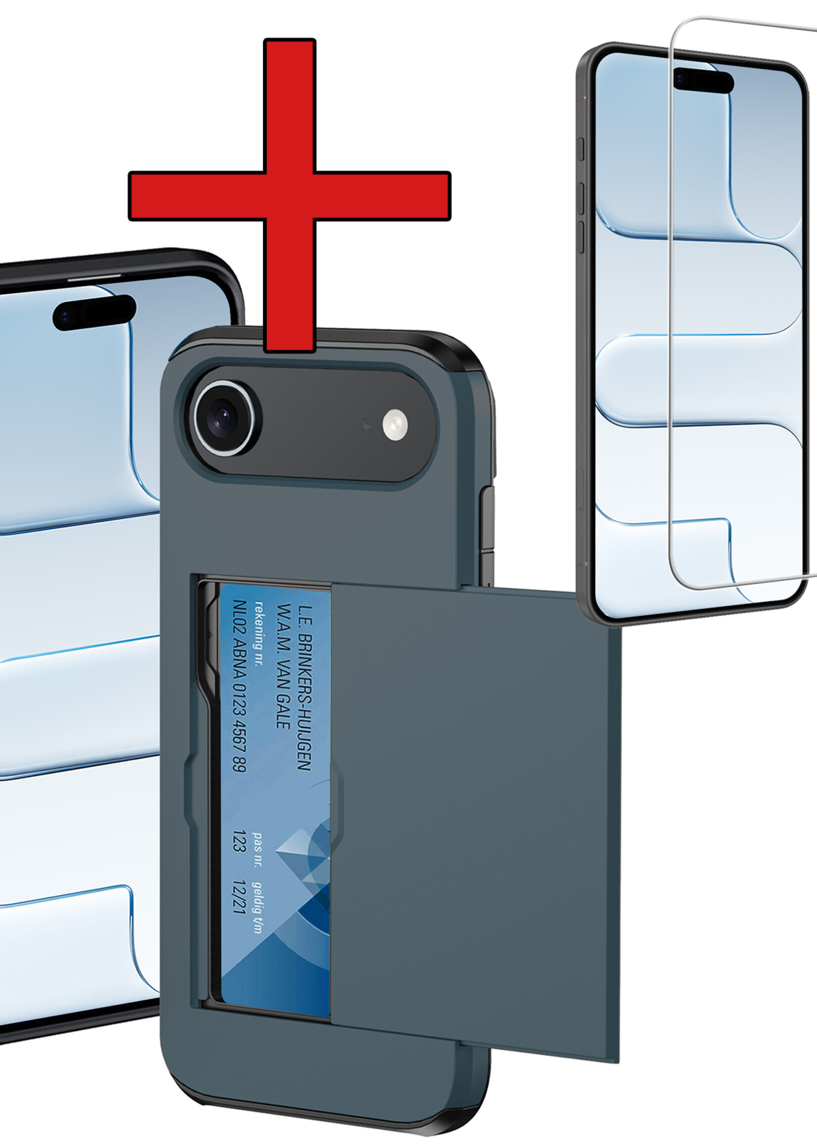 BTH BTH iPhone Air Hoesje Pashouder Hard Met Screenprotector - Donker Blauw