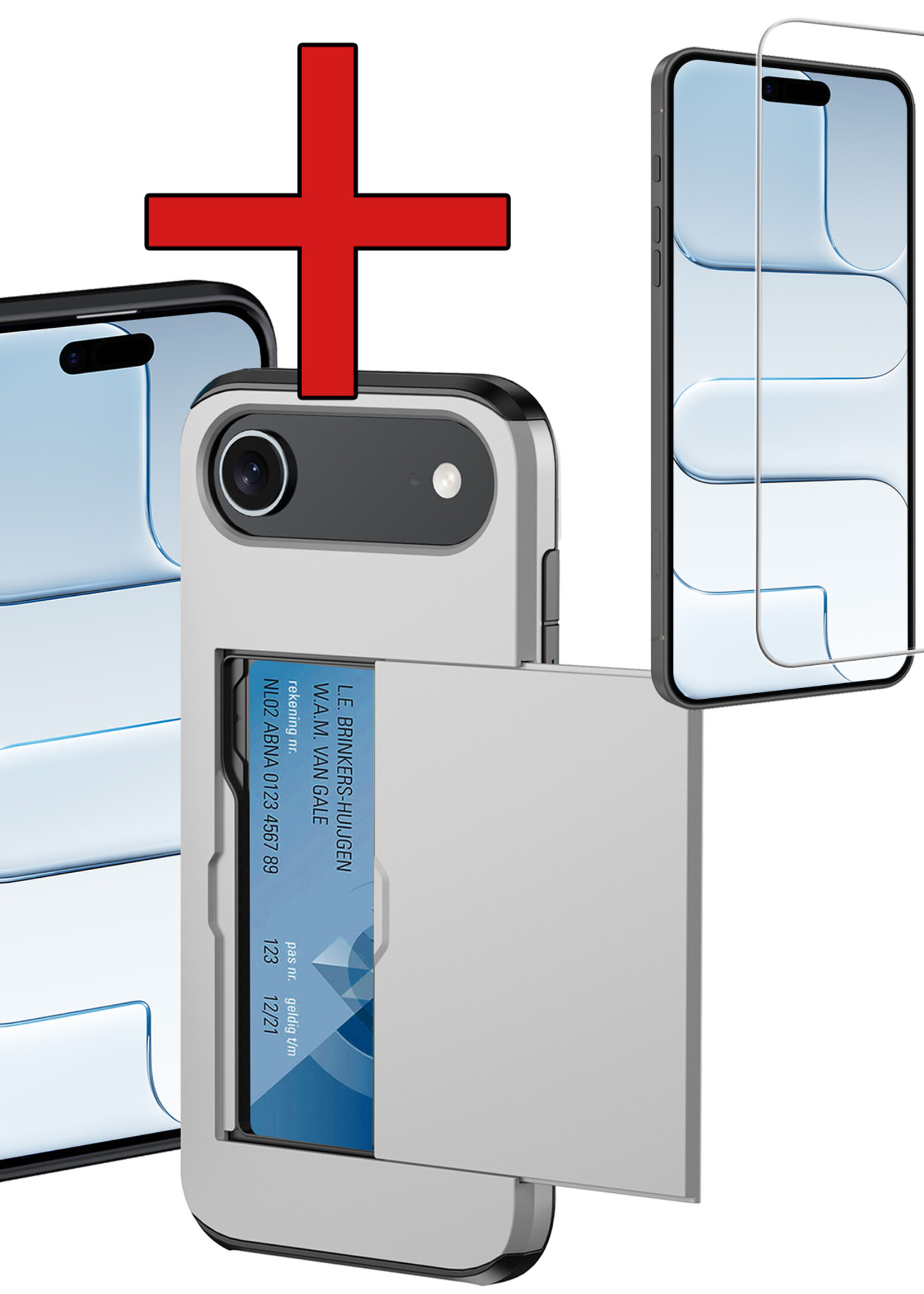 BTH BTH iPhone Air Hoesje Pashouder Hard Met Screenprotector - Grijs