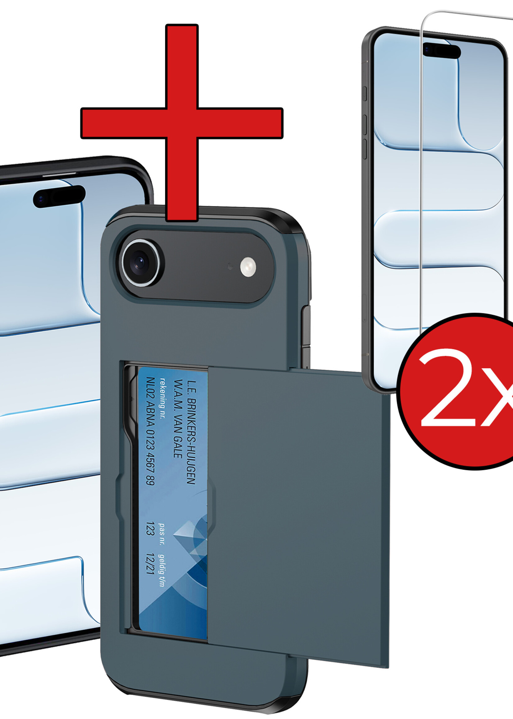 BTH BTH iPhone Air Hoesje Pashouder Hard Met 2x Screenprotector - Donker Blauw