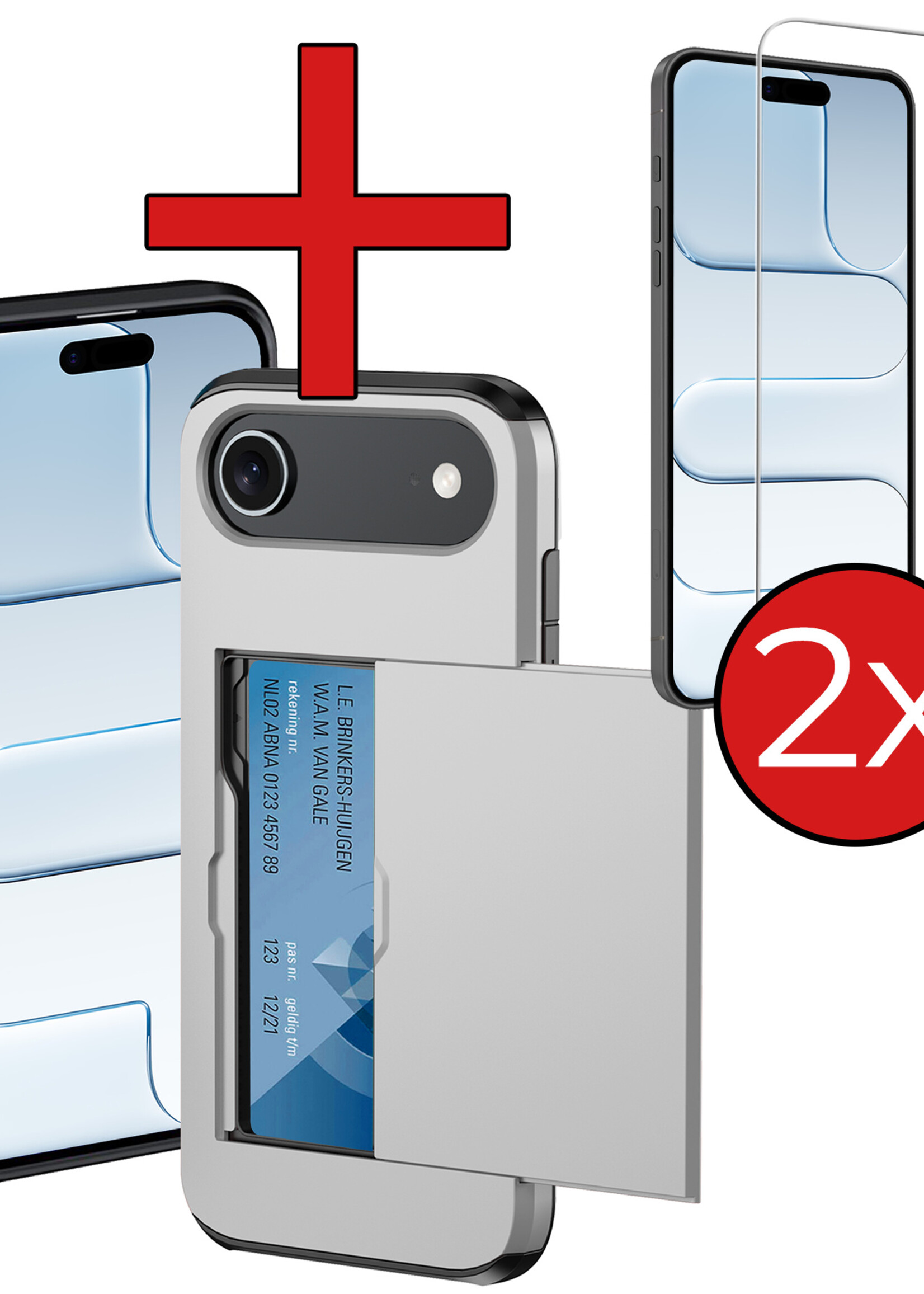 BTH BTH iPhone Air Hoesje Pashouder Hard Met 2x Screenprotector - Grijs