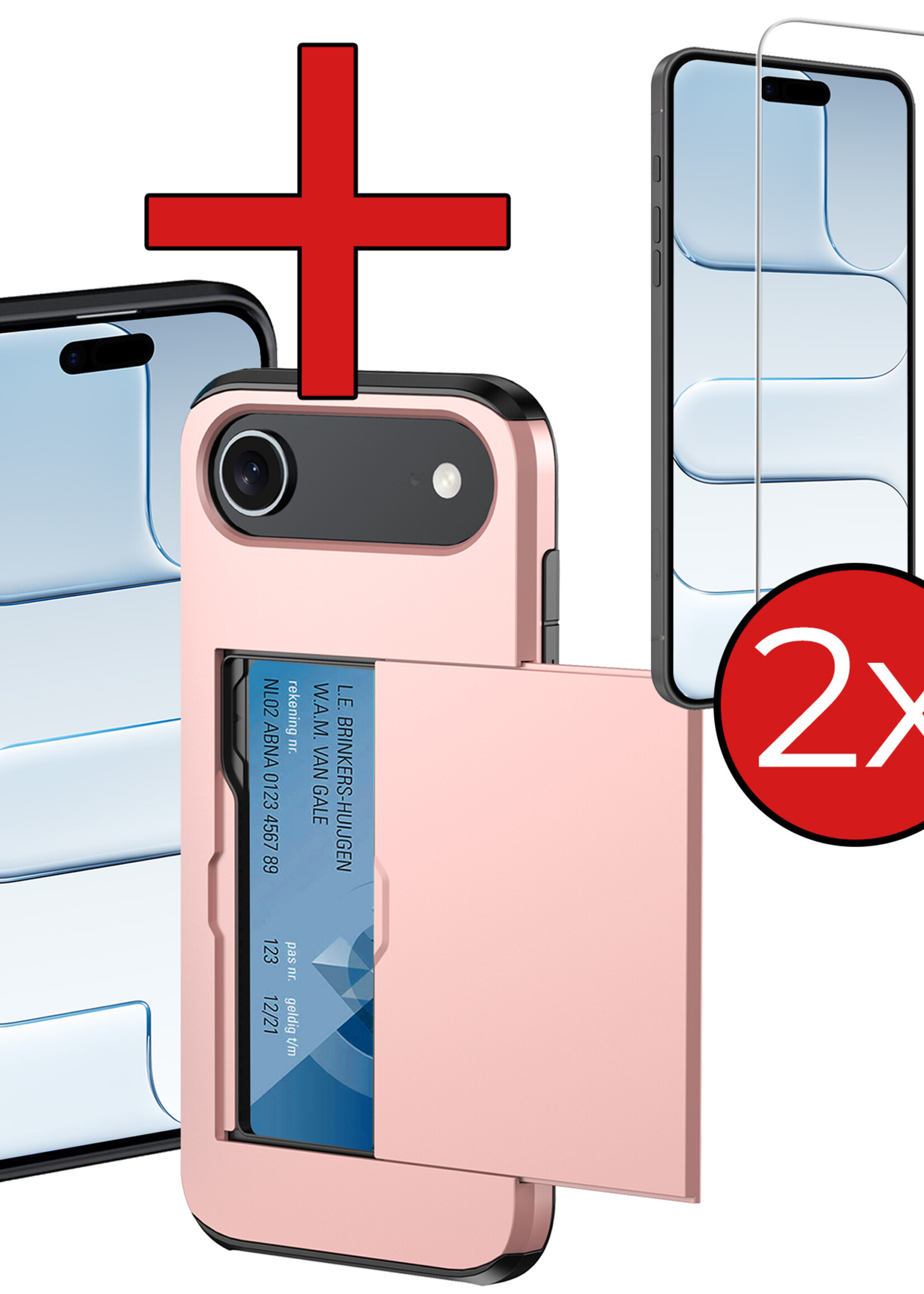 BTH BTH iPhone Air Hoesje Pashouder Hard Met 2x Screenprotector - Rosé Goud