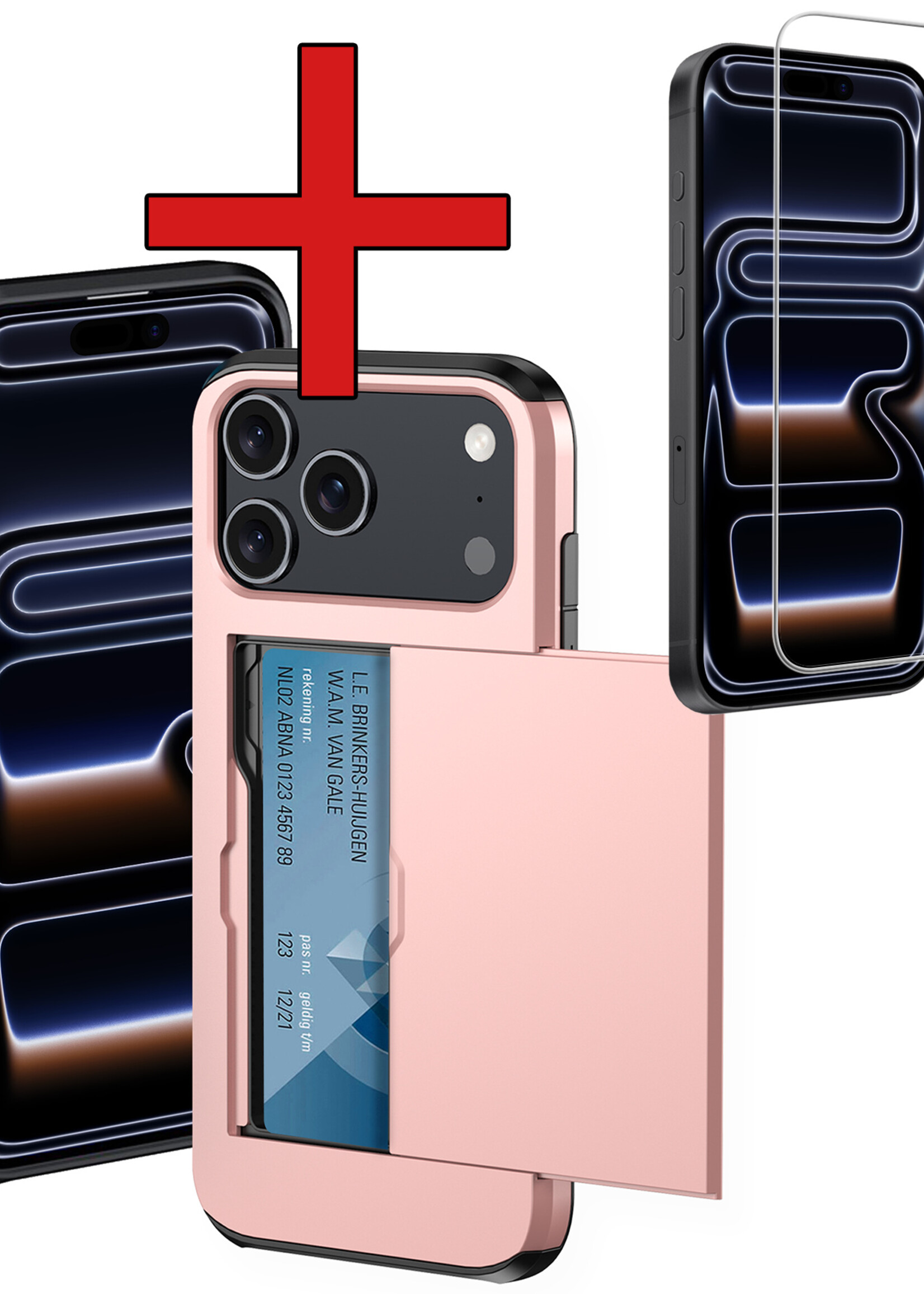 BTH BTH iPhone 17 Pro Hoesje Pashouder Hard Met Screenprotector - Rosé Goud