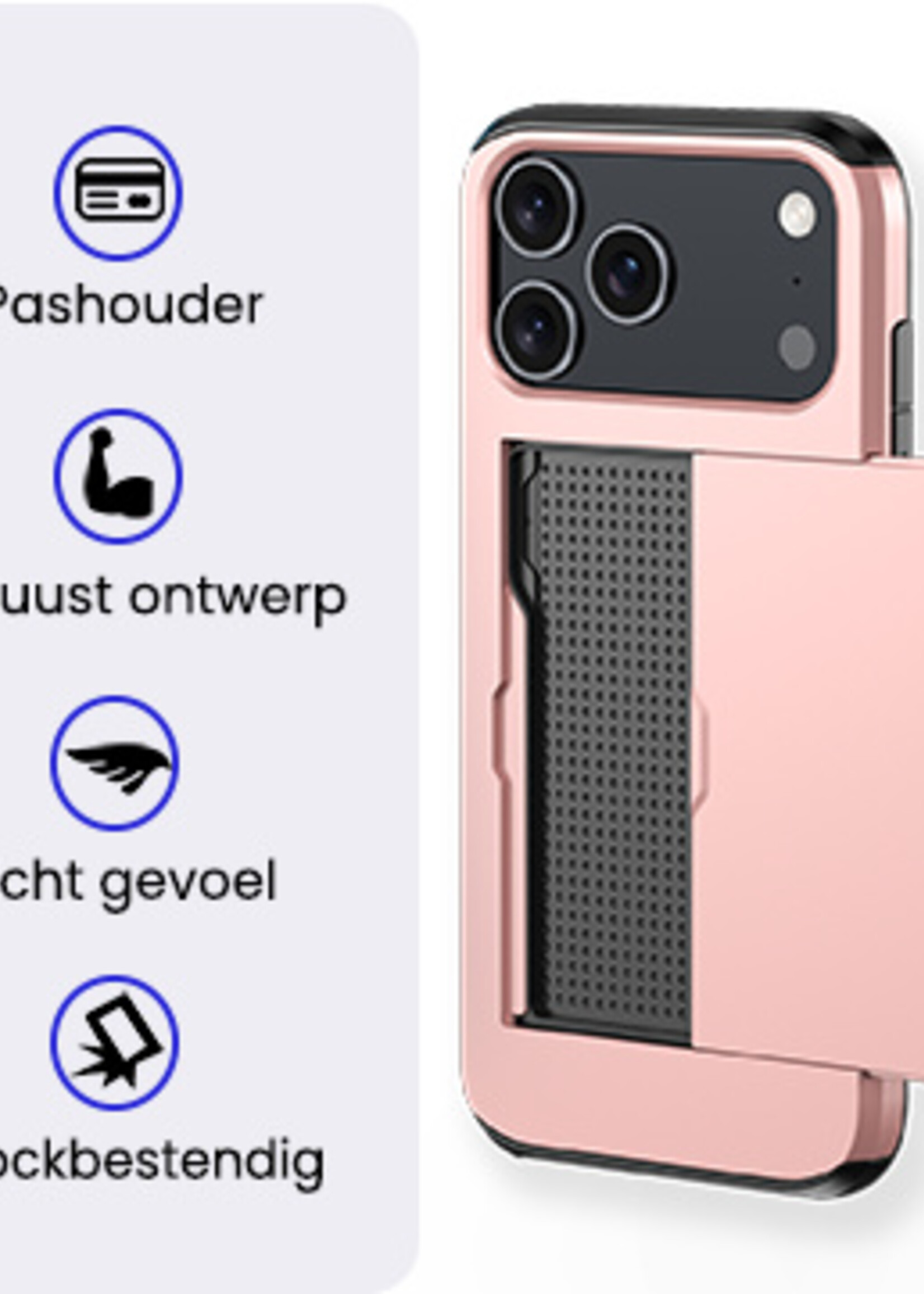 BTH BTH iPhone 17 Pro Hoesje Pashouder Hard Met Screenprotector - Rosé Goud