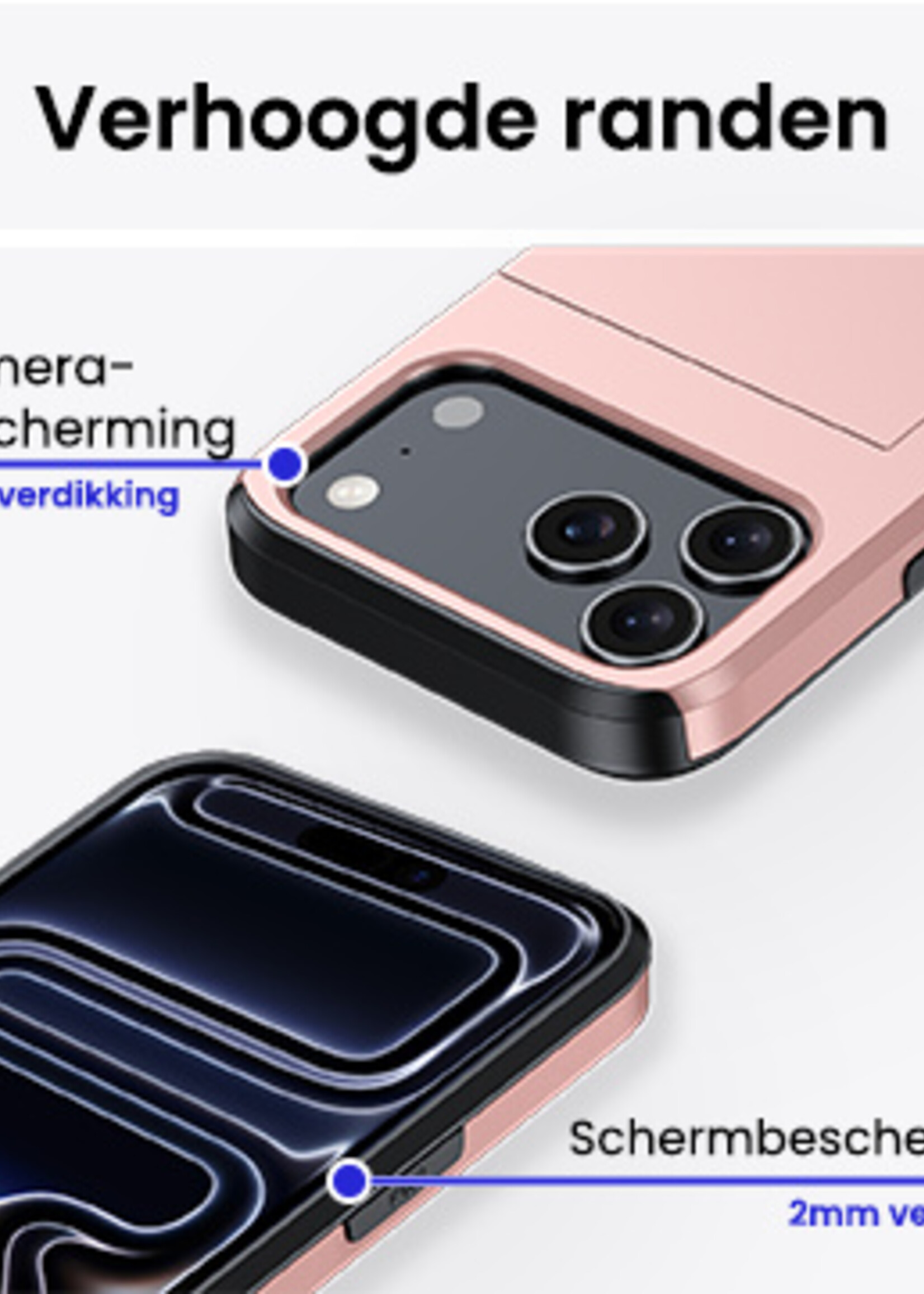 BTH BTH iPhone 17 Pro Hoesje Pashouder Hard Met Screenprotector - Rosé Goud