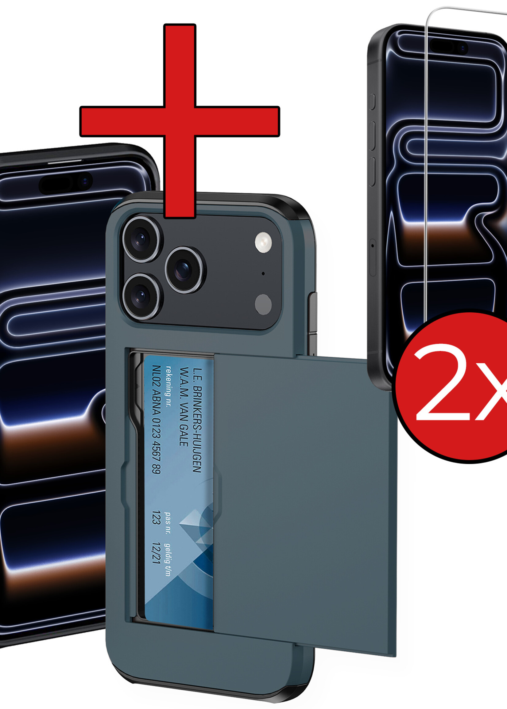 BTH BTH iPhone 17 Pro Hoesje Pashouder Hard Met 2x Screenprotector - Donker Blauw