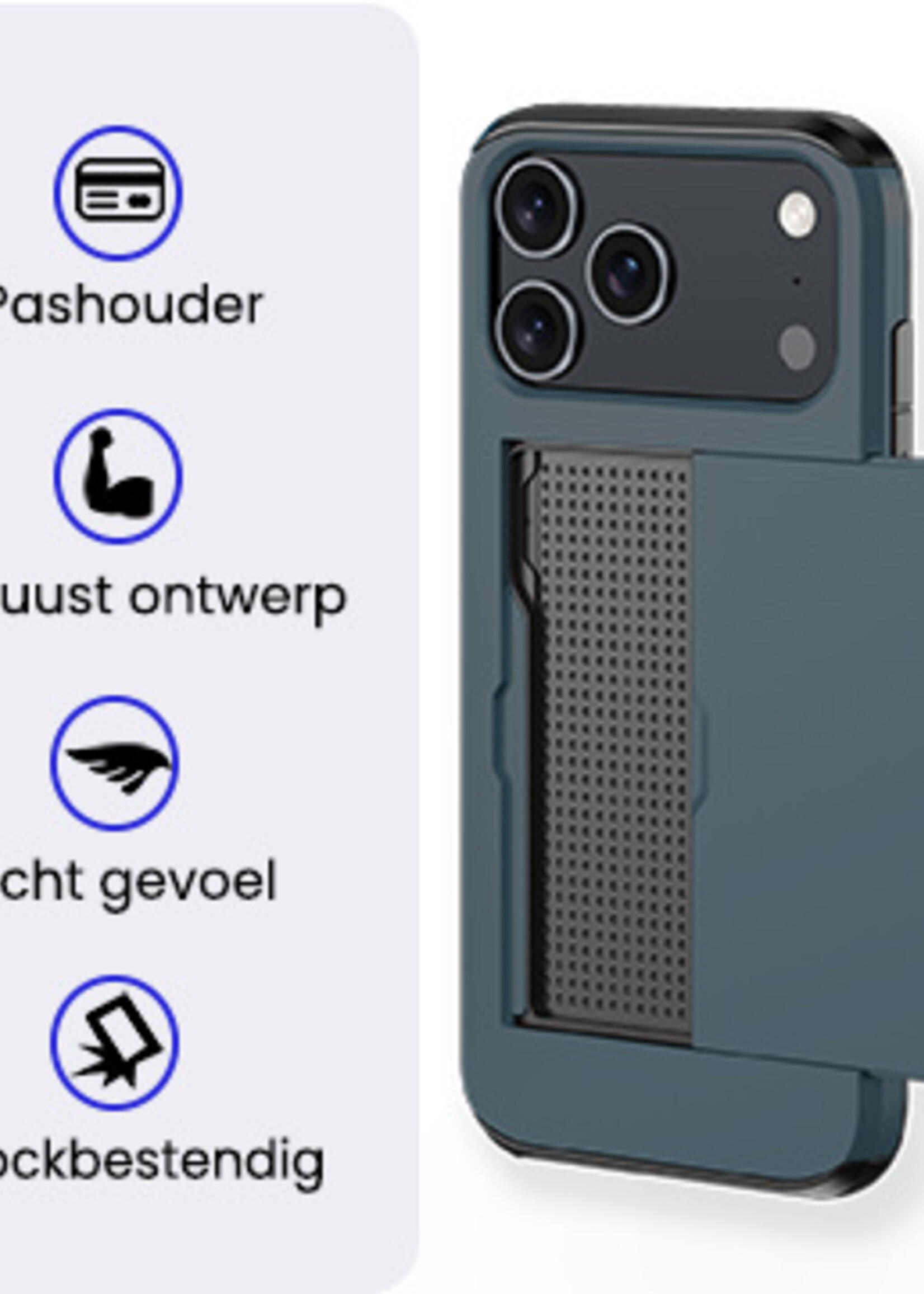 BTH BTH iPhone 17 Pro Hoesje Pashouder Hard Met 2x Screenprotector - Donker Blauw