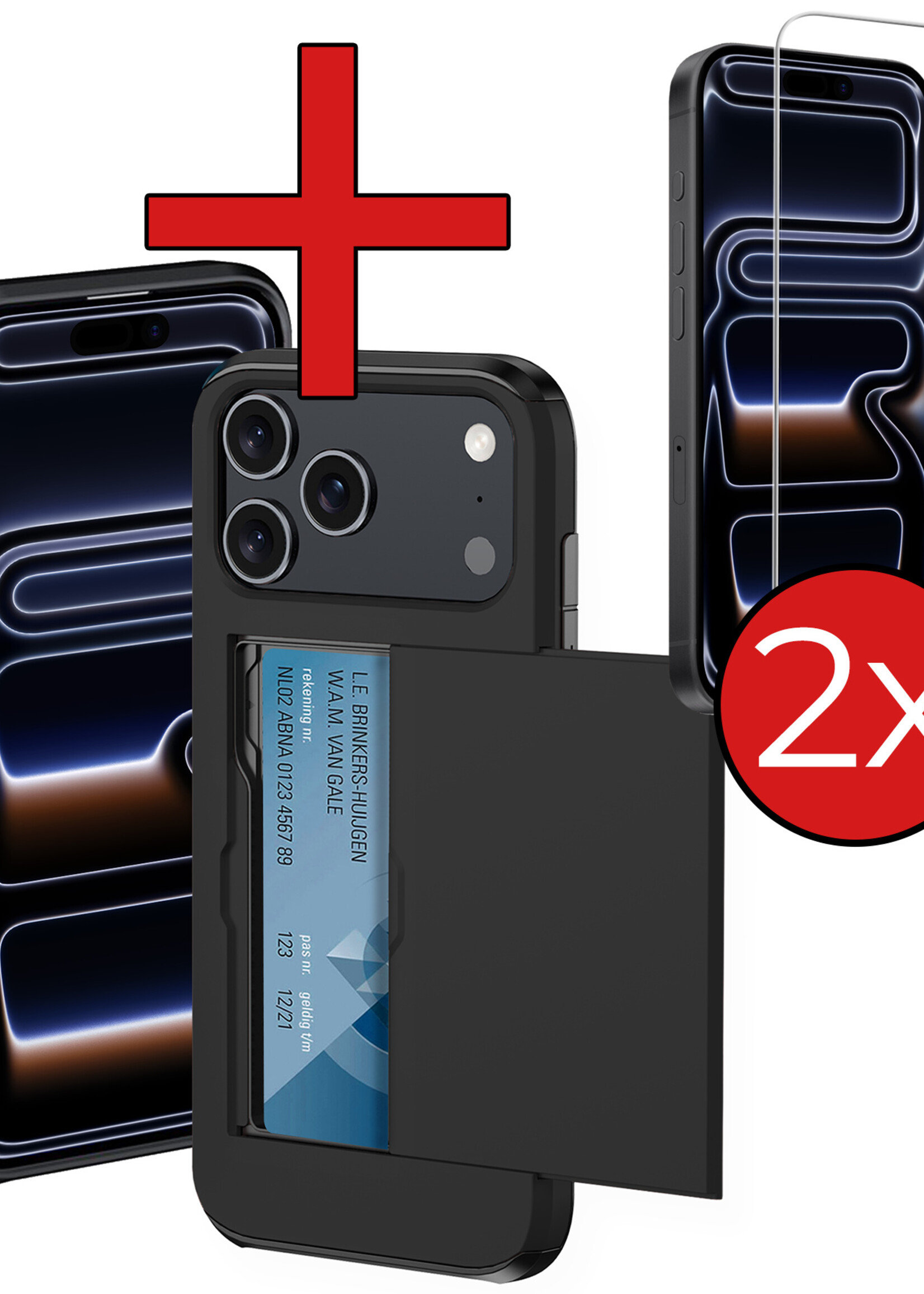 BTH BTH iPhone 17 Pro Hoesje Pashouder Hard Met 2x Screenprotector - Zwart