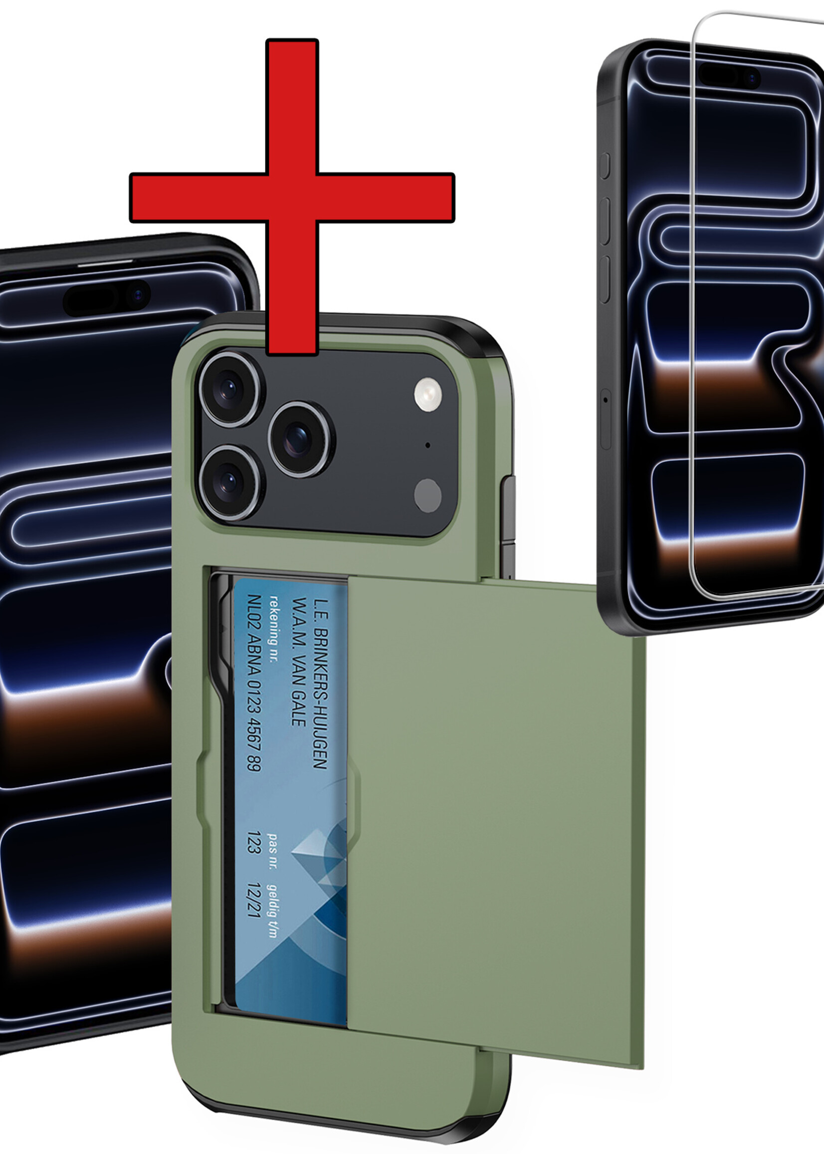 BTH BTH iPhone 17 Pro Max Hoesje Pashouder Hard Met Screenprotector - Donker Groen