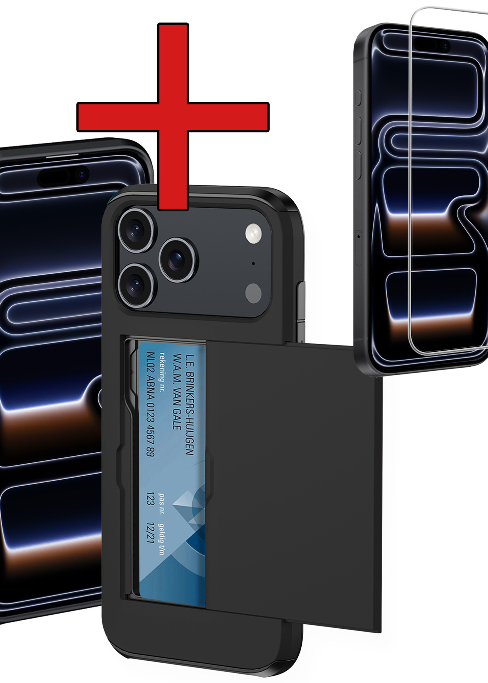 BTH BTH iPhone 17 Pro Max Hoesje Pashouder Hard Met Screenprotector - Zwart