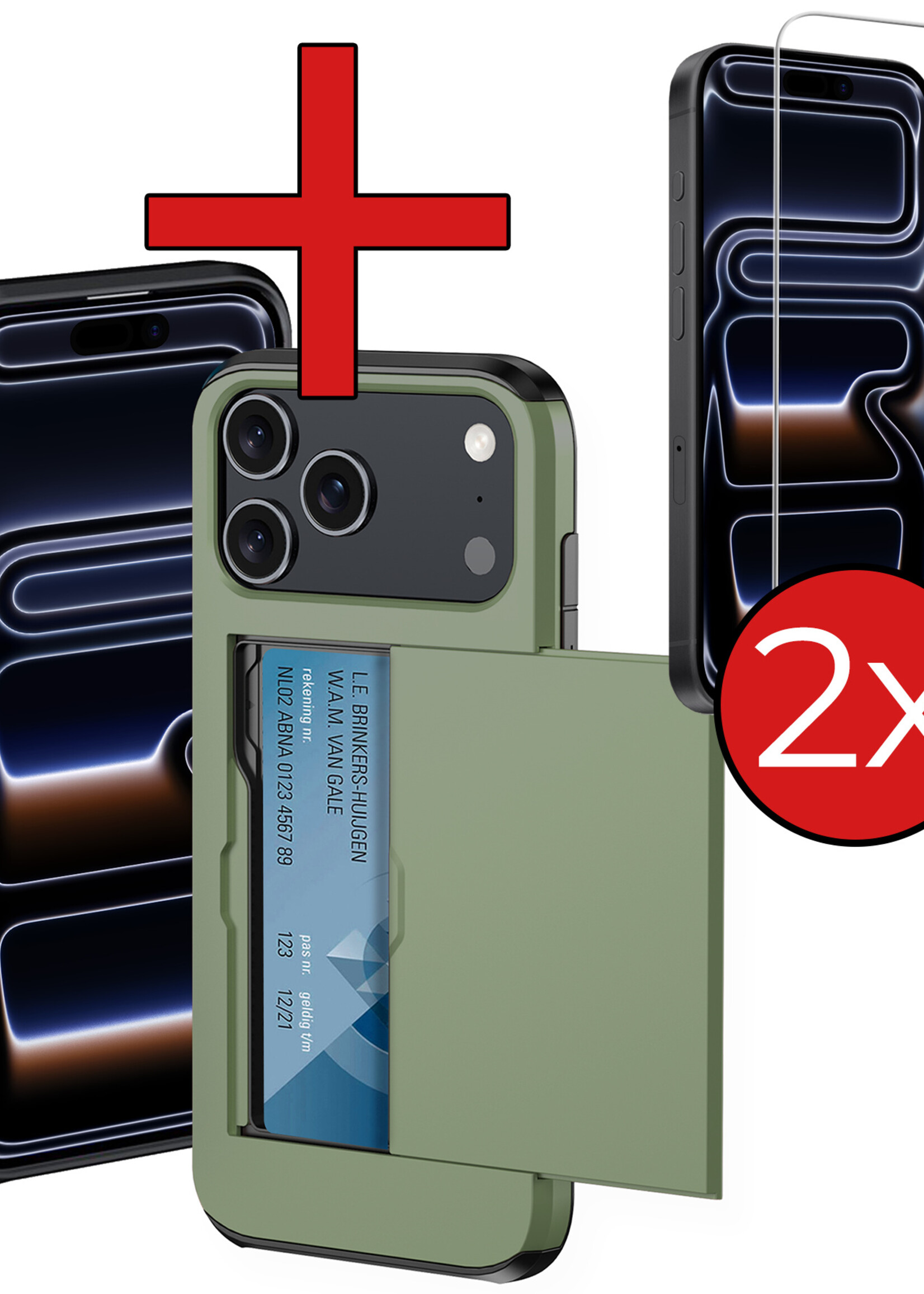 BTH BTH iPhone 17 Pro Max Hoesje Pashouder Hard Met 2x Screenprotector - Donker Groen