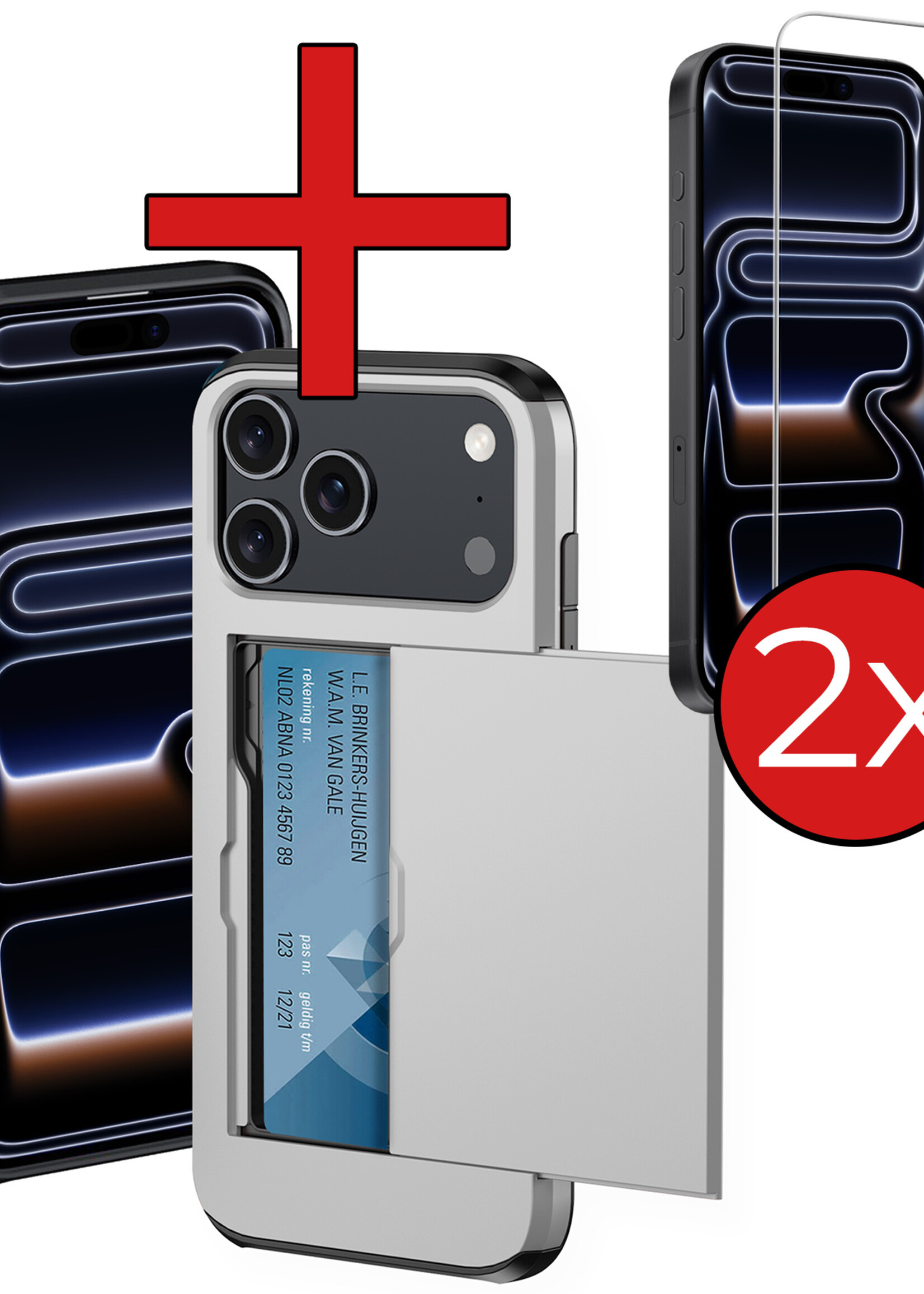 BTH BTH iPhone 17 Pro Max Hoesje Pashouder Hard Met 2x Screenprotector - Grijs