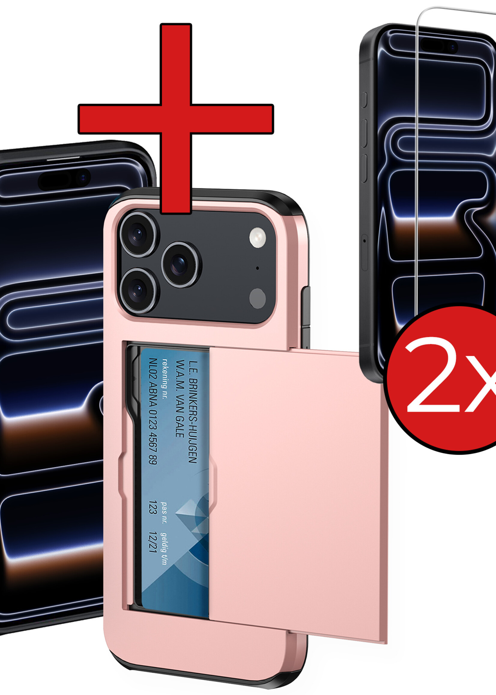 BTH BTH iPhone 17 Pro Max Hoesje Pashouder Hard Met 2x Screenprotector - Rosé Goud