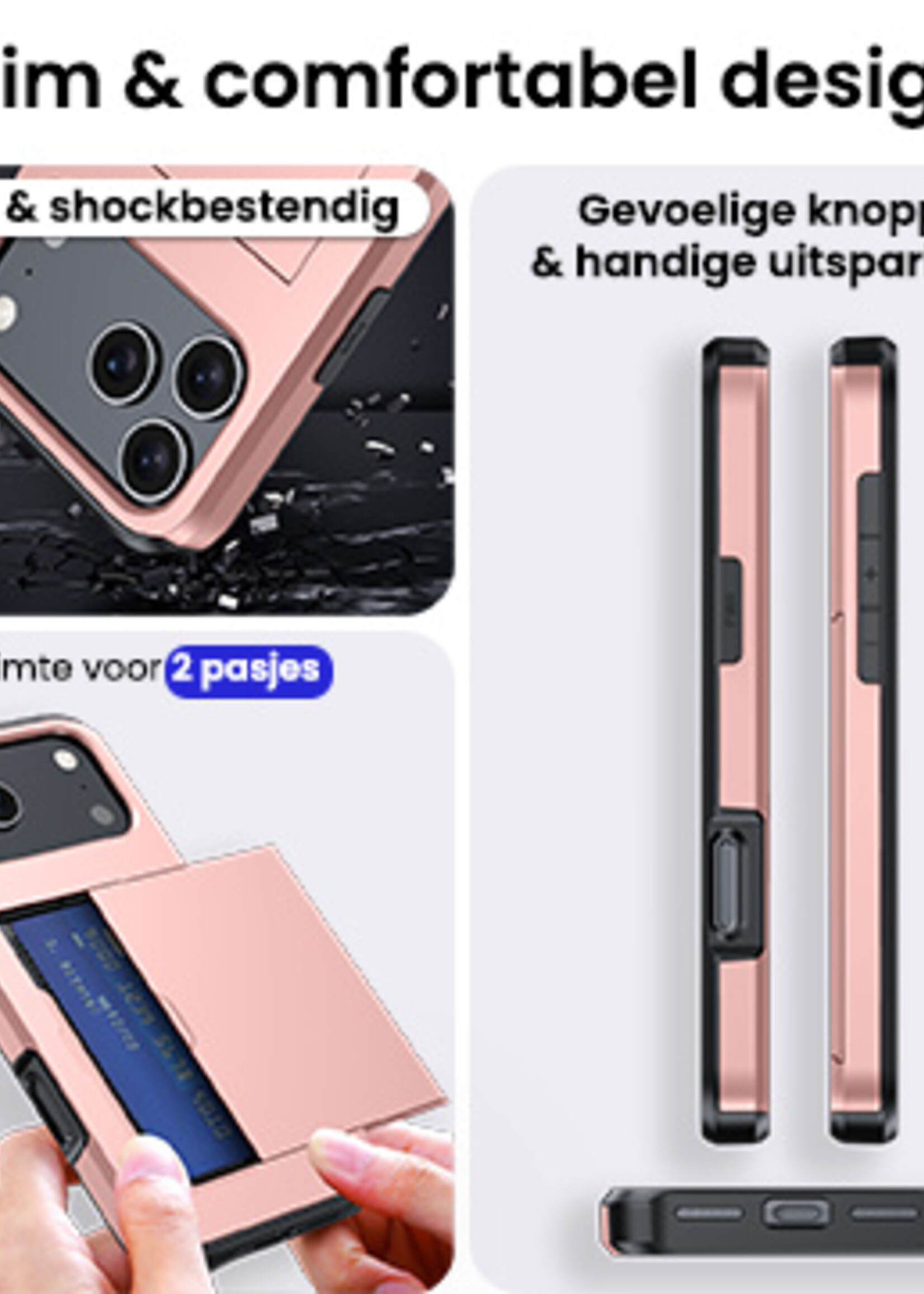 BTH BTH iPhone 17 Pro Max Hoesje Pashouder Hard Met 2x Screenprotector - Rosé Goud