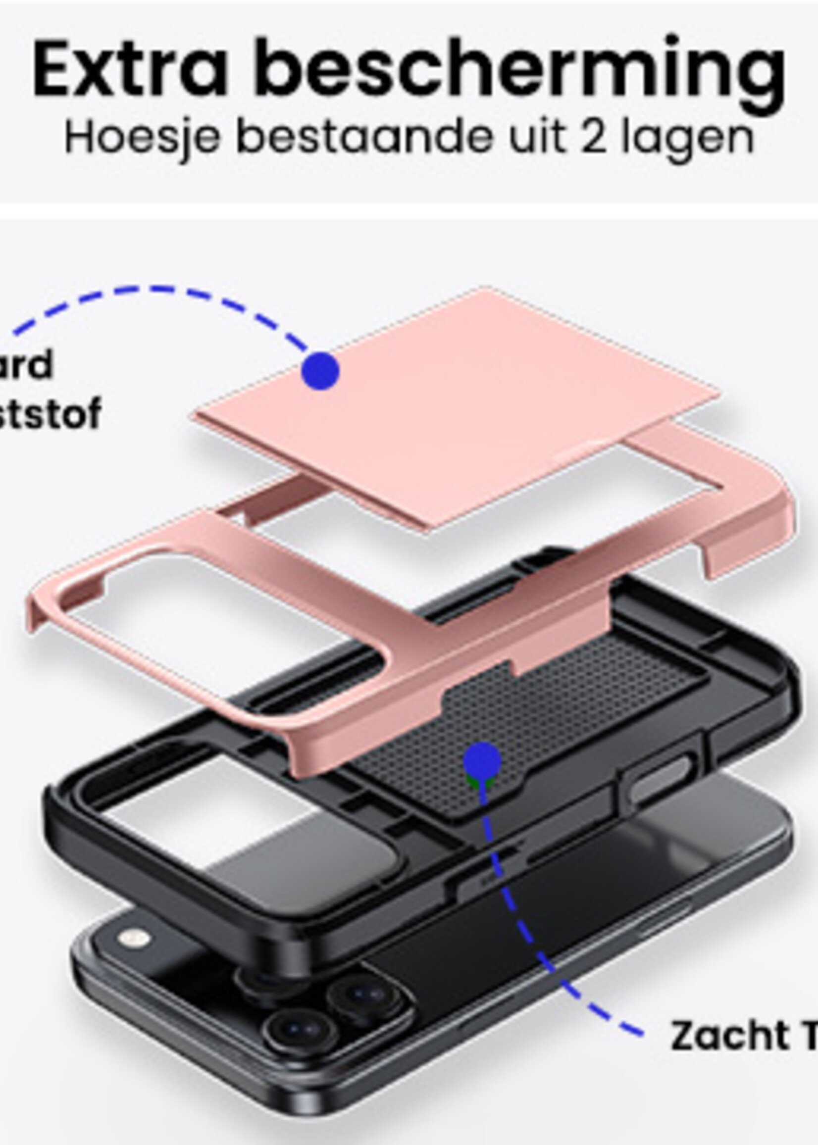 BTH BTH iPhone 17 Pro Max Hoesje Pashouder Hard Met 2x Screenprotector - Rosé Goud