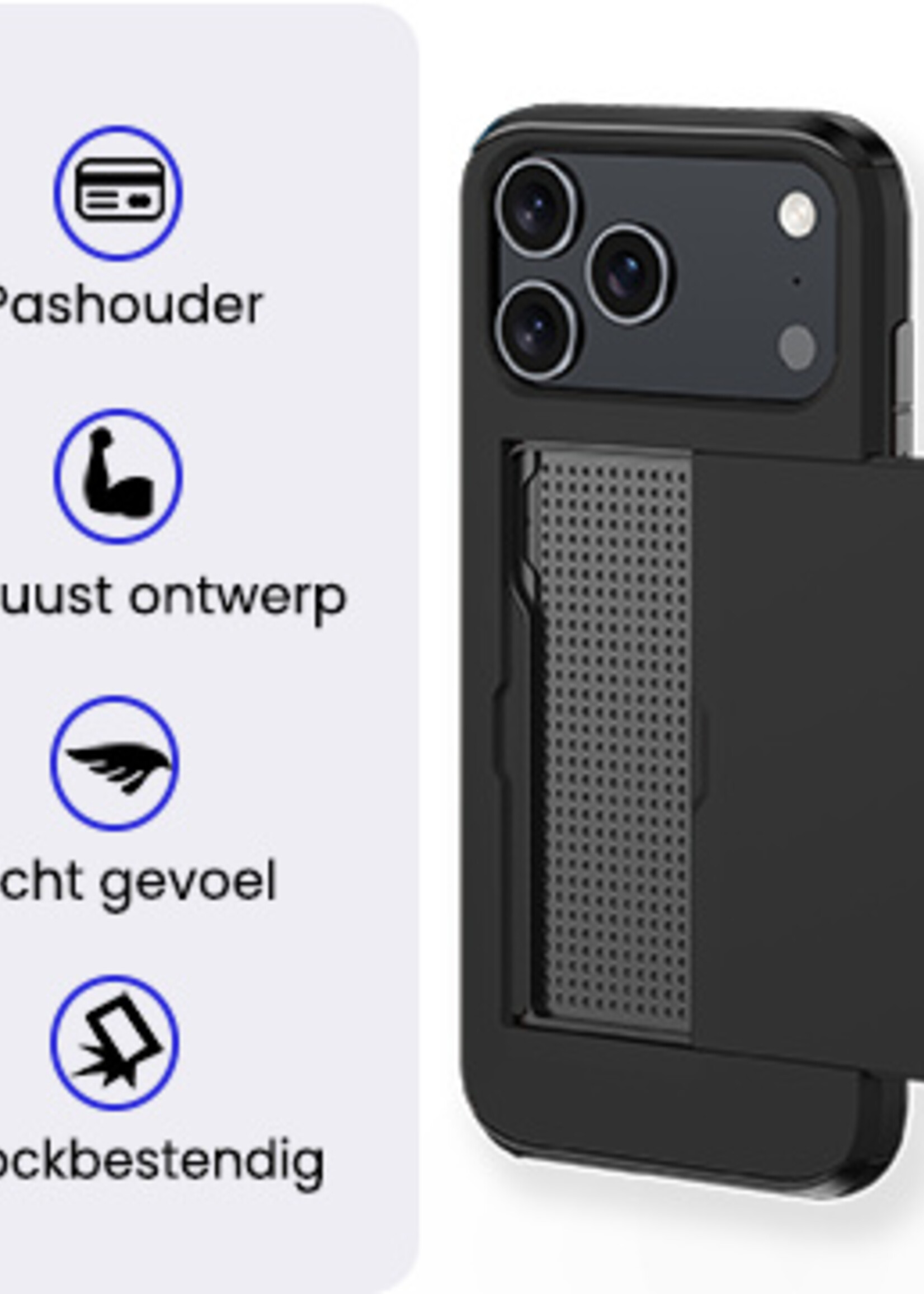 BTH BTH iPhone 17 Pro Max Hoesje Pashouder Hard Met 2x Screenprotector - Zwart