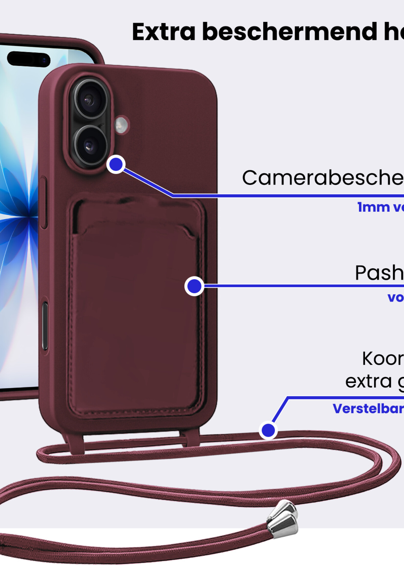 BTH BTH iPhone 17 Hoesje Pashouder met Koord - Aubergine - 2 PACK