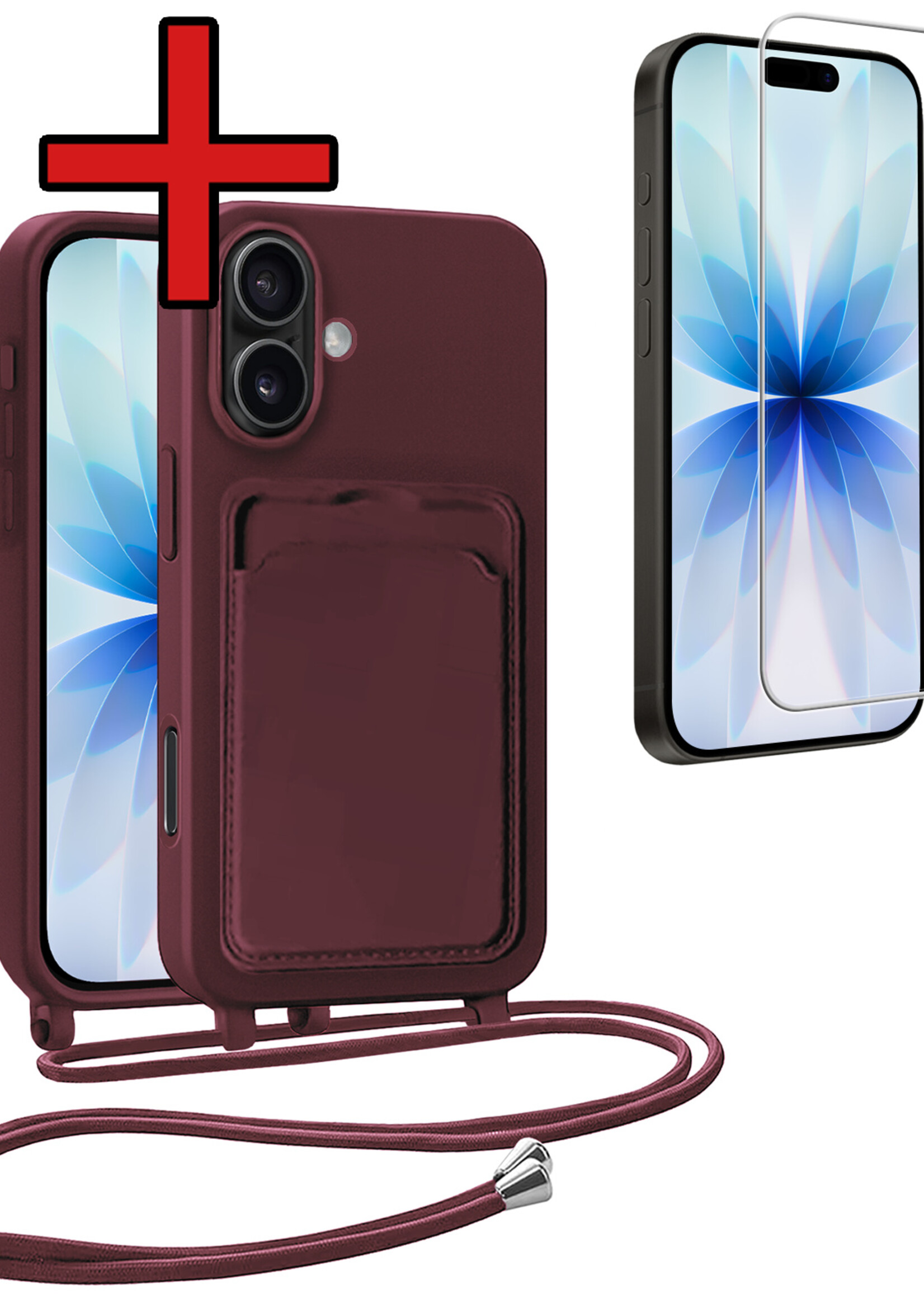 BTH BTH iPhone 17 Hoesje Pashouder met Koord Met Screenprotector - Aubergine