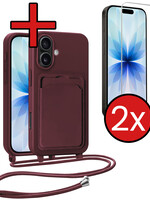 BTH BTH iPhone 17 Hoesje Pashouder met Koord Met 2x Screenprotector - Aubergine