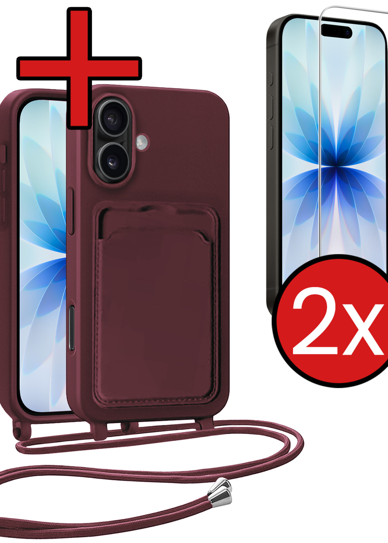 BTH BTH iPhone 17 Hoesje Pashouder met Koord Met 2x Screenprotector - Aubergine