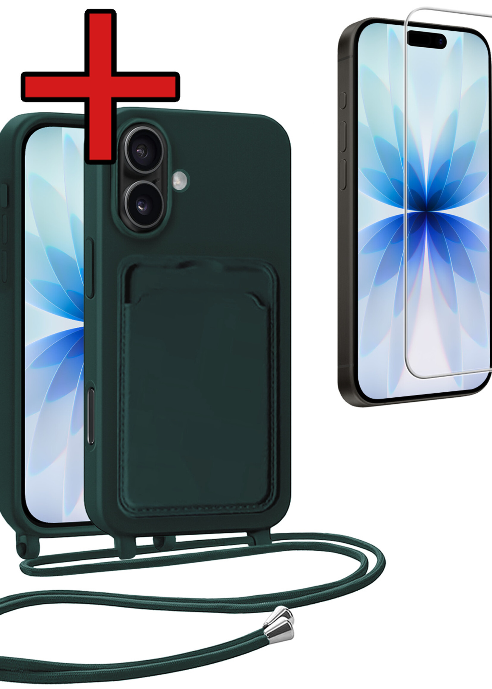 BTH BTH iPhone 17 Hoesje Pashouder met Koord Met Screenprotector - Donkergroen