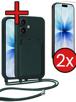 BTH BTH iPhone 17 Hoesje Pashouder met Koord Met 2x Screenprotector - Donkergroen