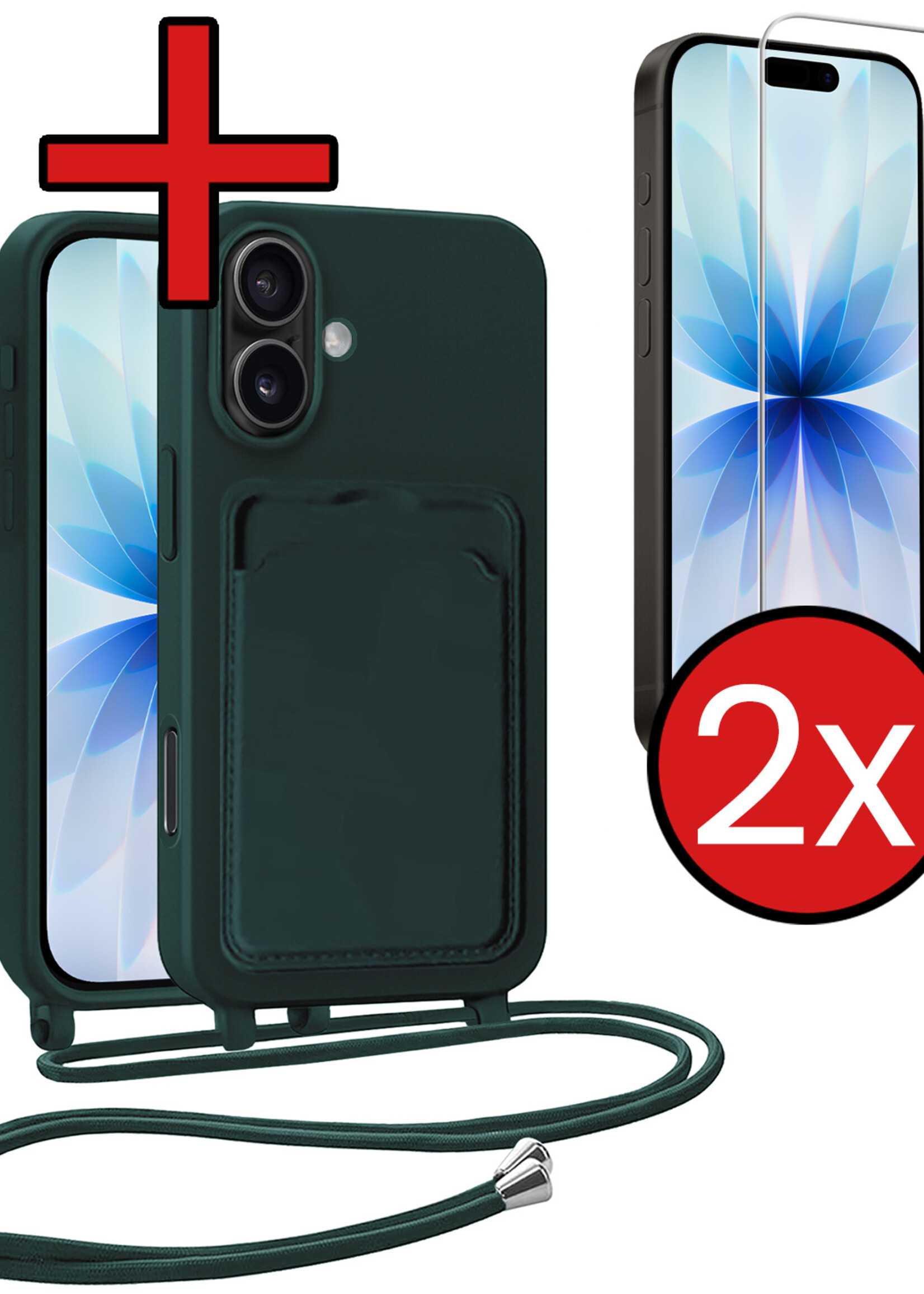 BTH BTH iPhone 17 Hoesje Pashouder met Koord Met 2x Screenprotector - Donkergroen