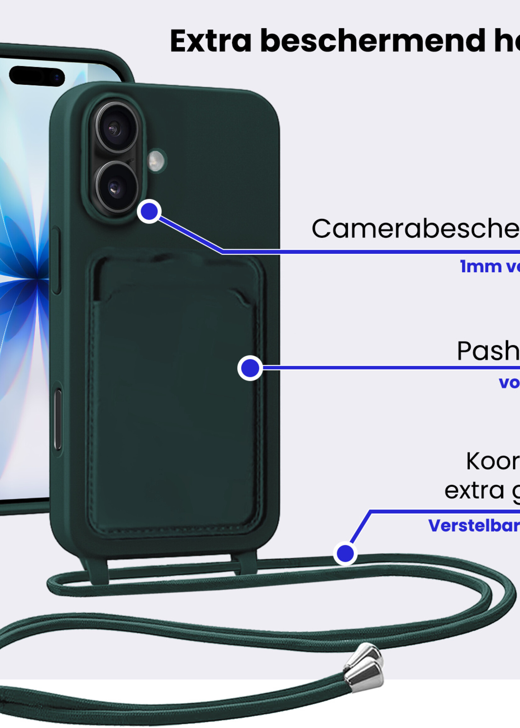 BTH BTH iPhone 17 Hoesje Pashouder met Koord Met 2x Screenprotector - Donkergroen