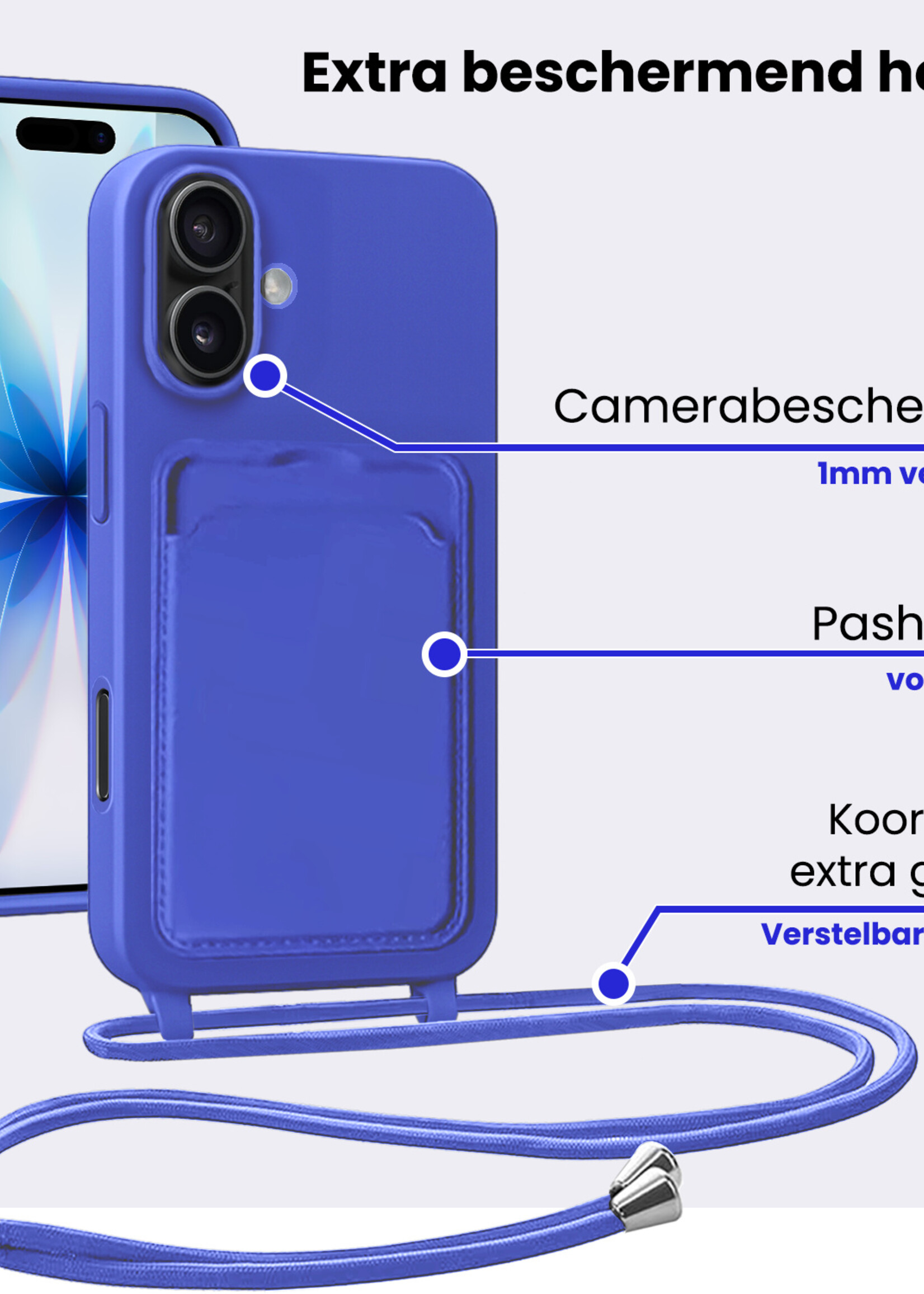 BTH BTH iPhone 17 Hoesje Pashouder met Koord - Fel Blauw - 2 PACK