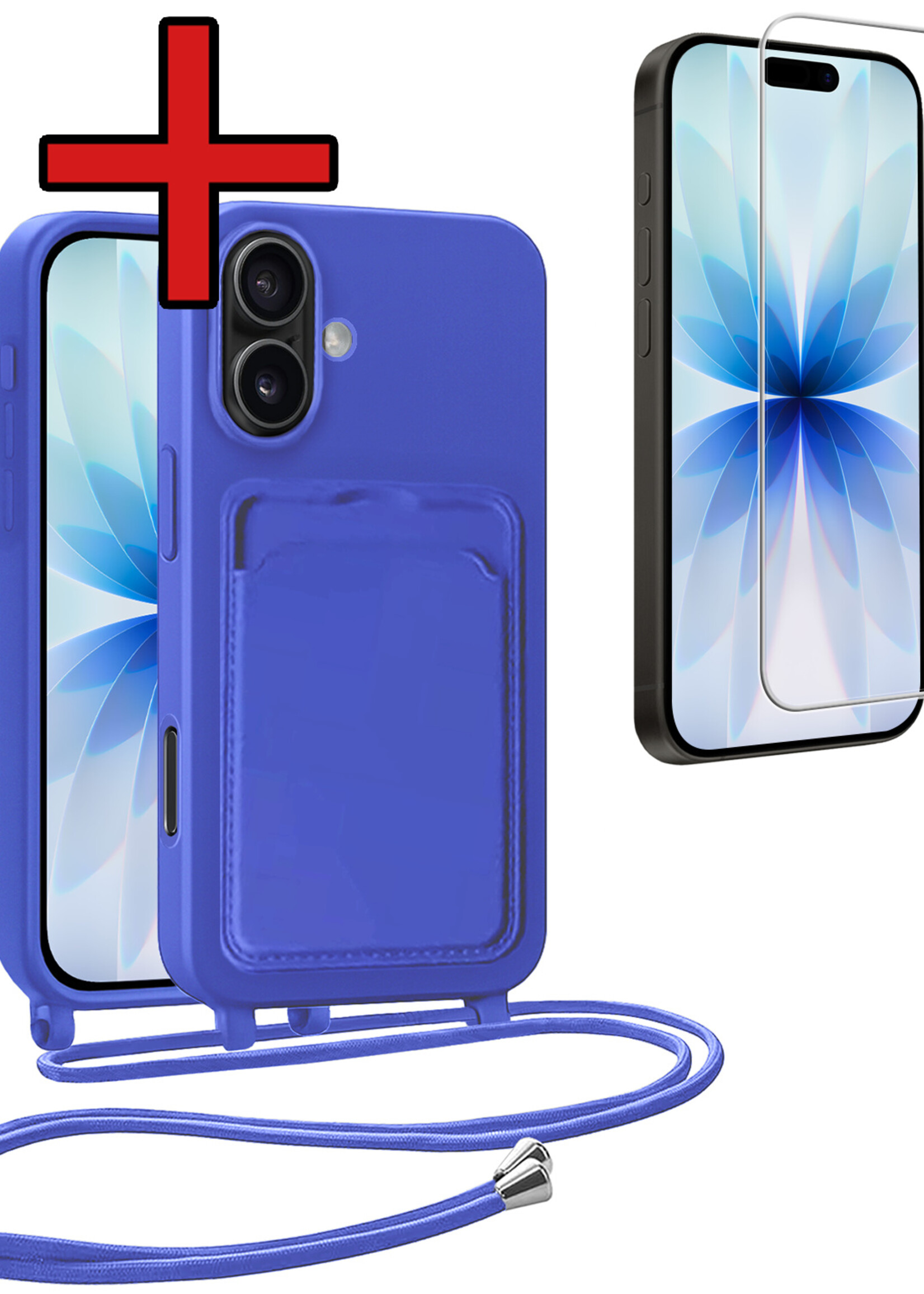 BTH BTH iPhone 17 Hoesje Pashouder met Koord Met Screenprotector - Fel Blauw