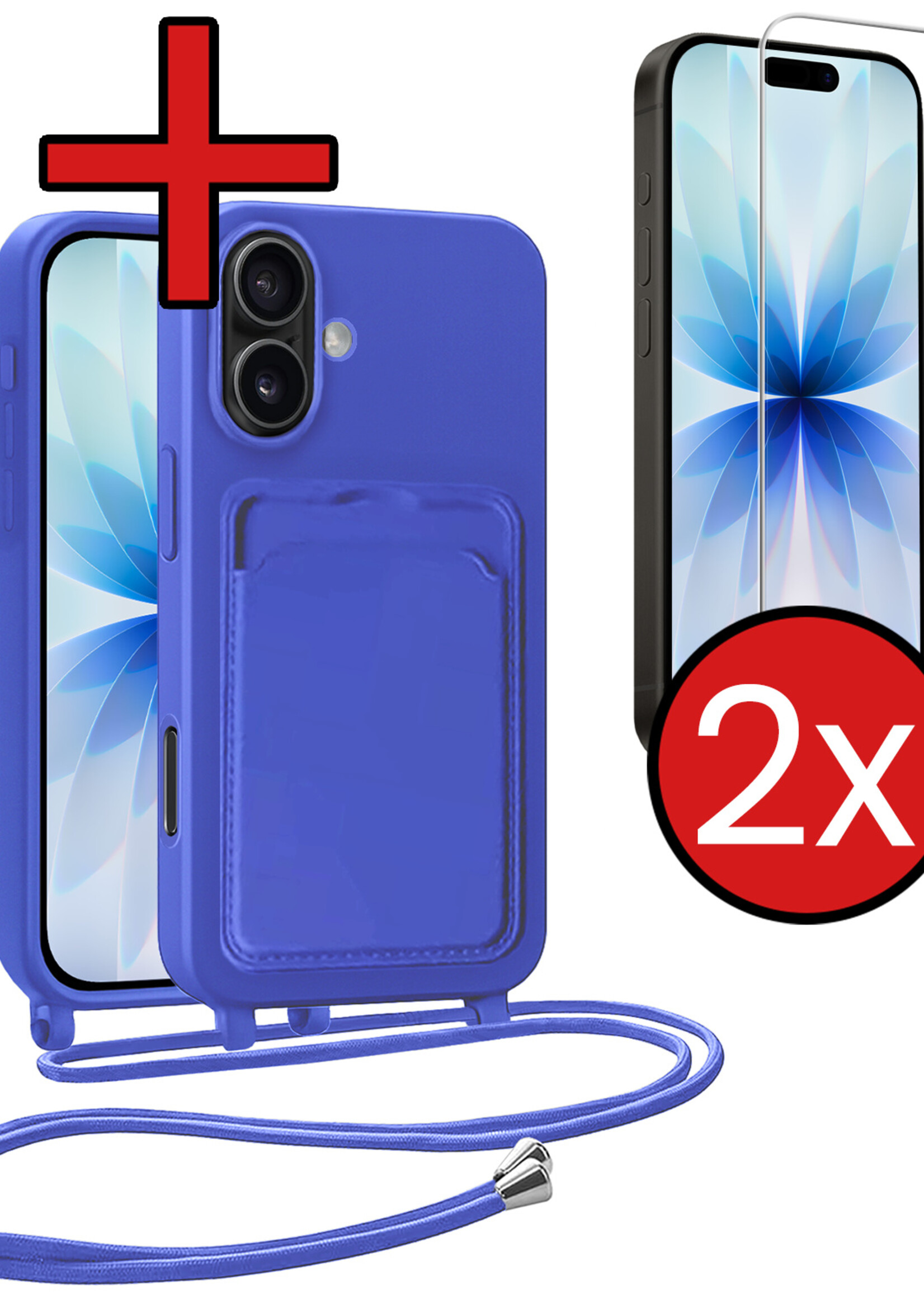 BTH BTH iPhone 17 Hoesje Pashouder met Koord Met 2x Screenprotector - Fel Blauw