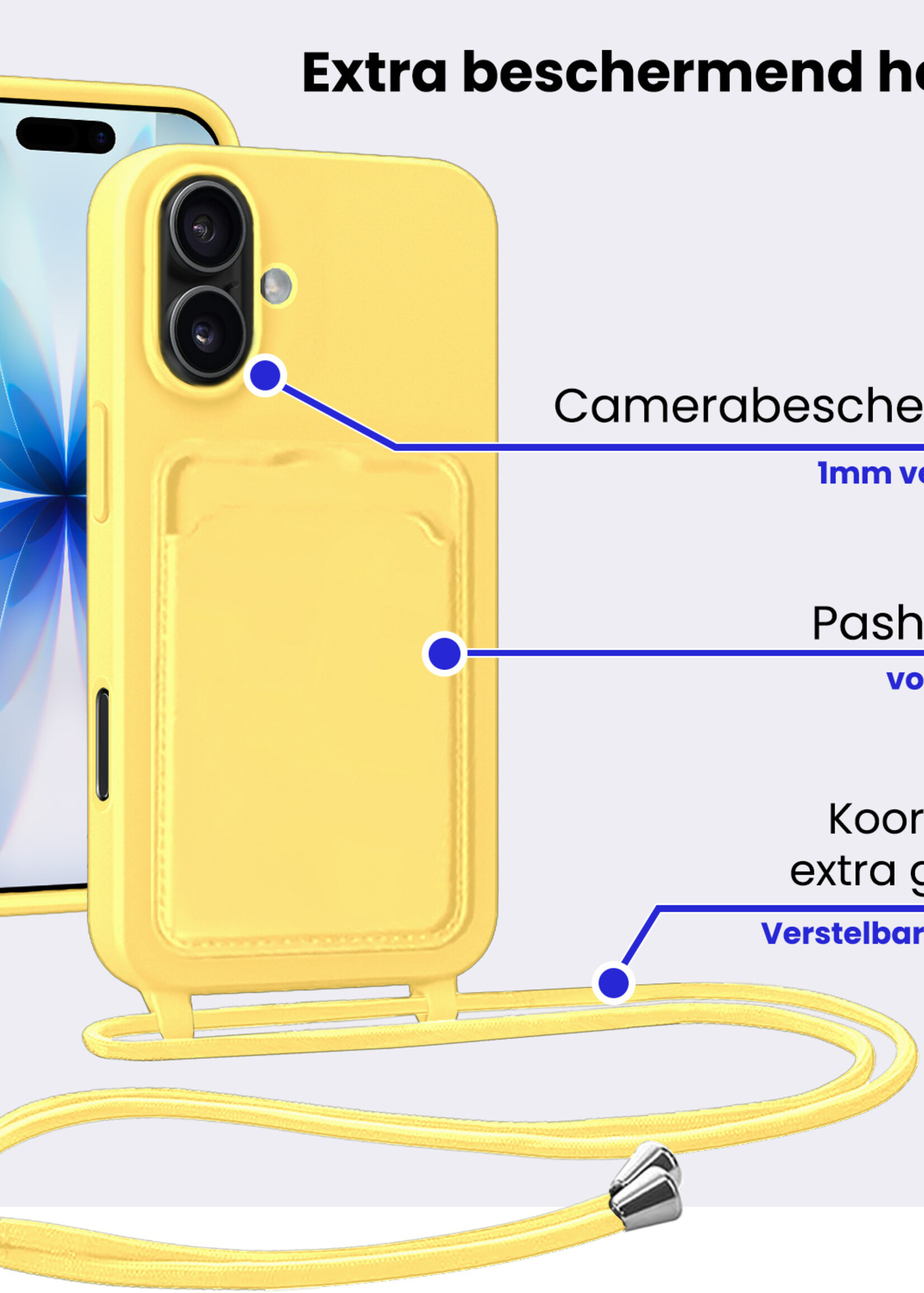 BTH BTH iPhone 17 Hoesje Pashouder met Koord Met Screenprotector - Geel