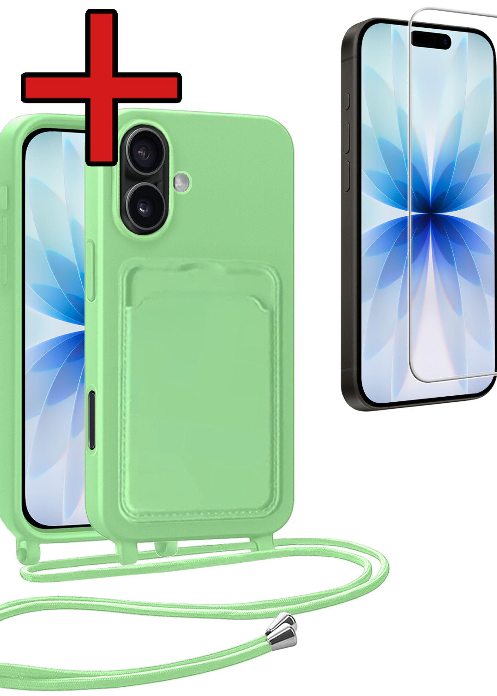 BTH BTH iPhone 17 Hoesje Pashouder met Koord Met Screenprotector - Groen