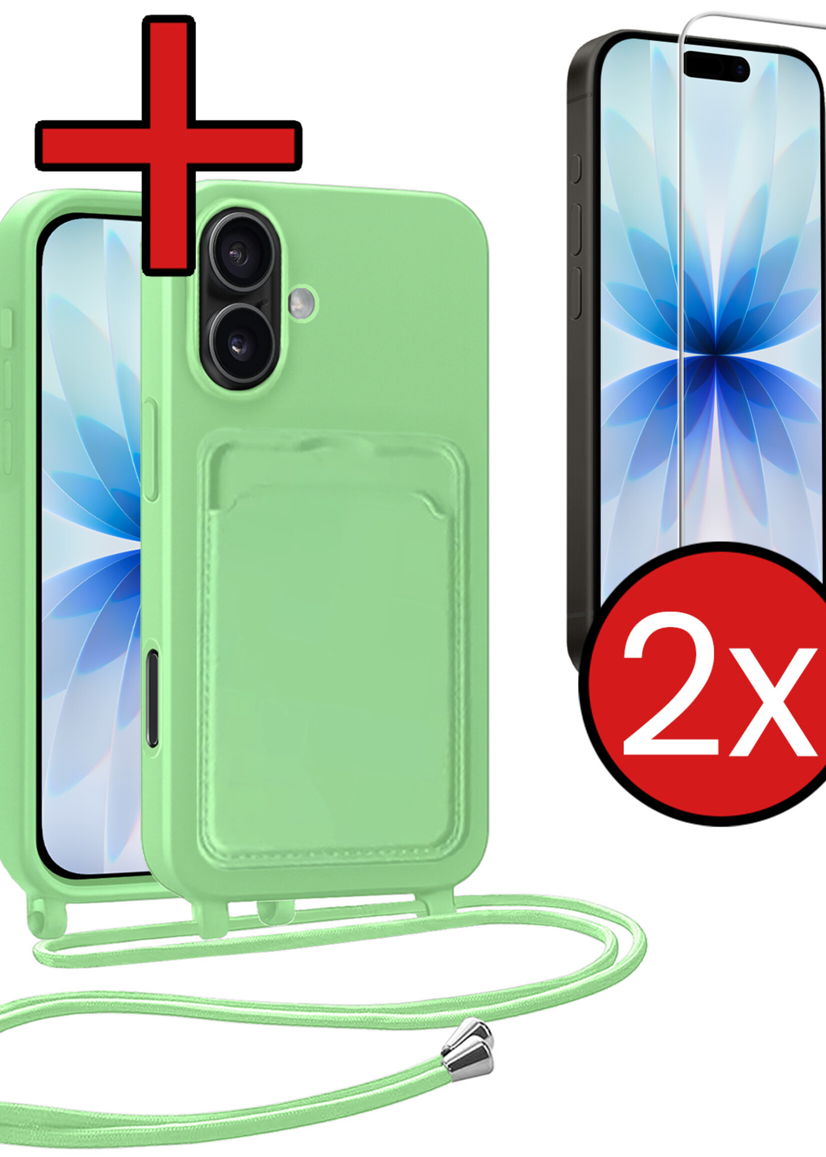 BTH BTH iPhone 17 Hoesje Pashouder met Koord Met 2x Screenprotector - Groen