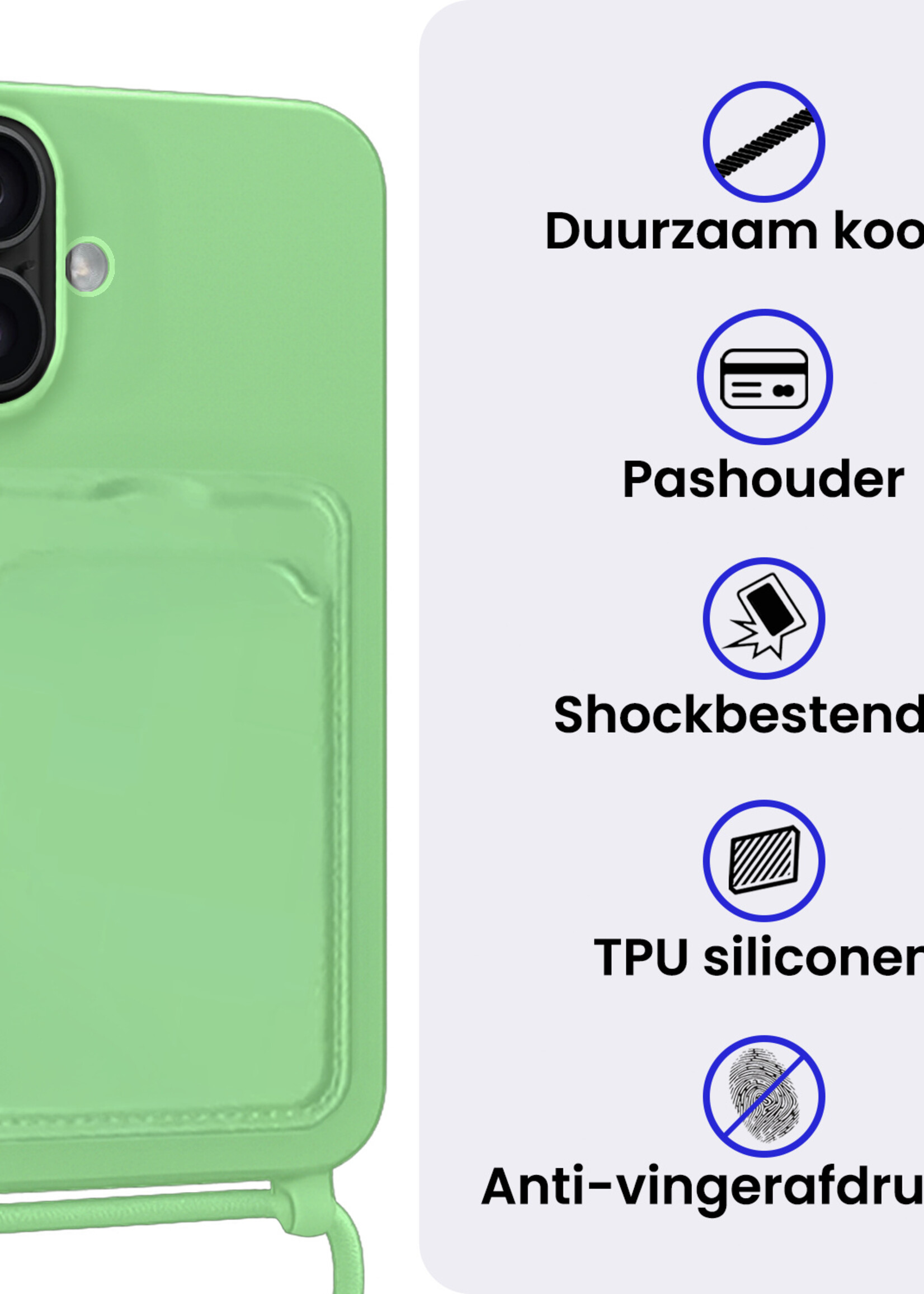 BTH BTH iPhone 17 Hoesje Pashouder met Koord Met 2x Screenprotector - Groen