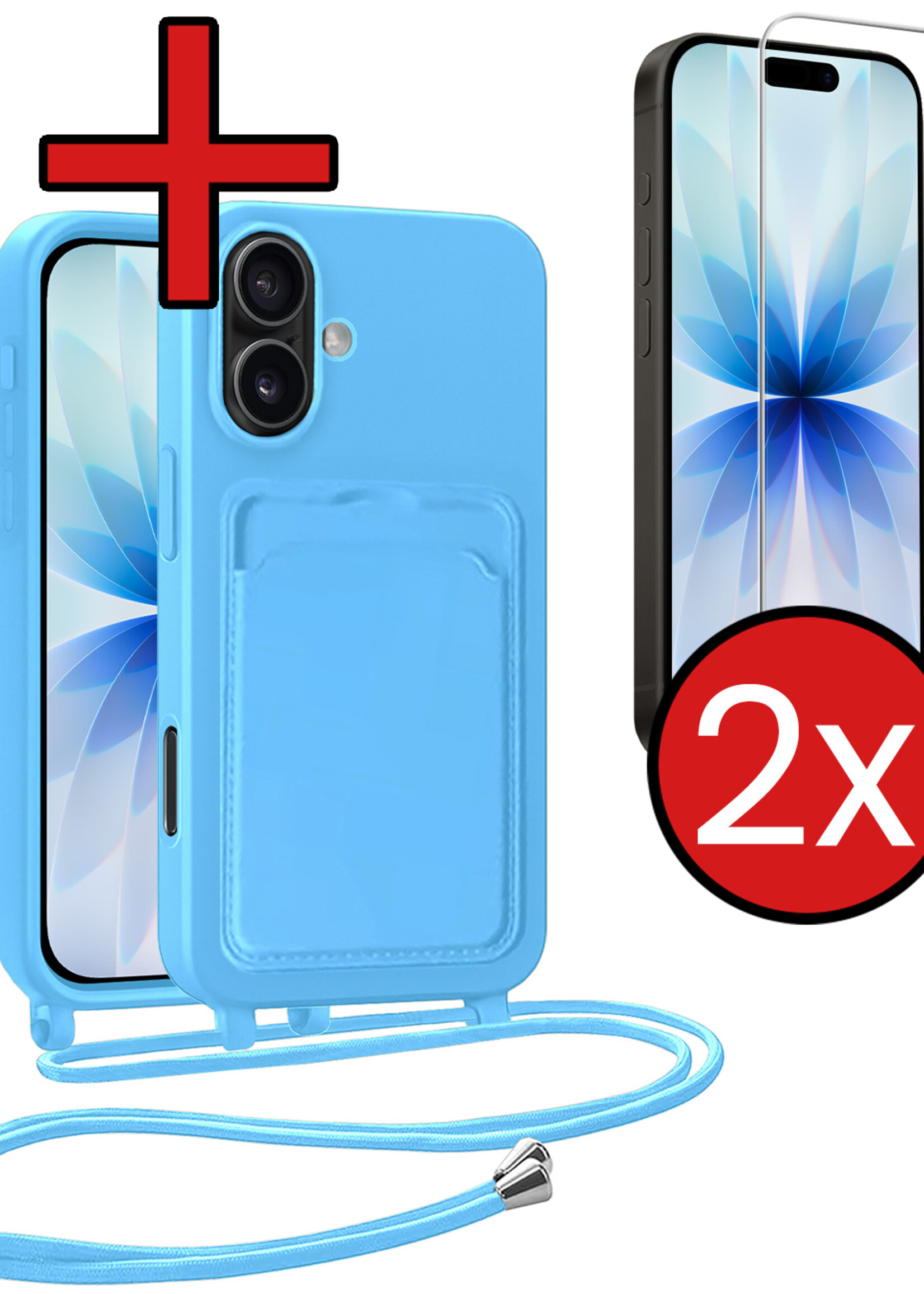 BTH BTH iPhone 17 Hoesje Pashouder met Koord Met 2x Screenprotector - Lichtblauw