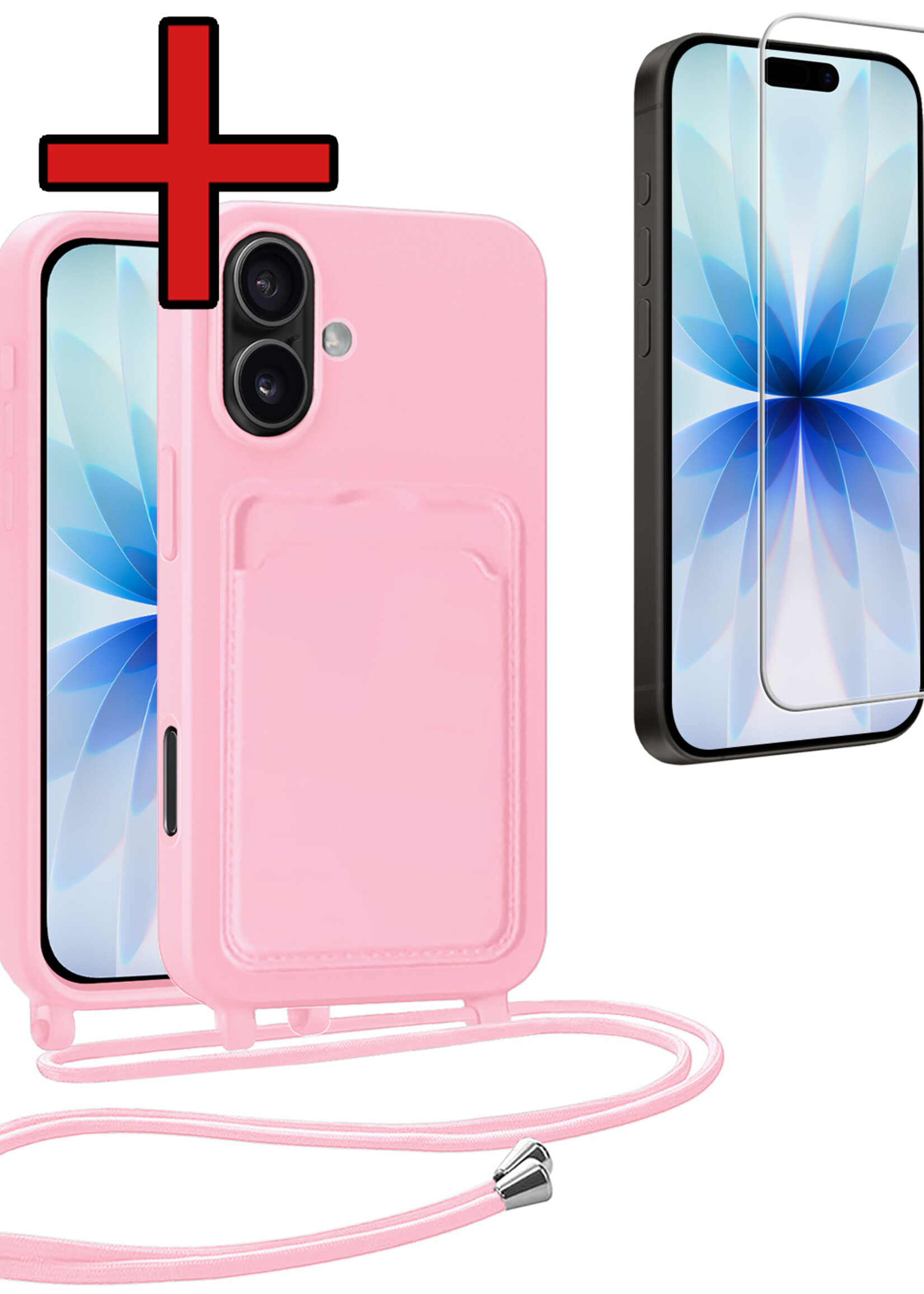 BTH BTH iPhone 17 Hoesje Pashouder met Koord Met Screenprotector - Lichtroze