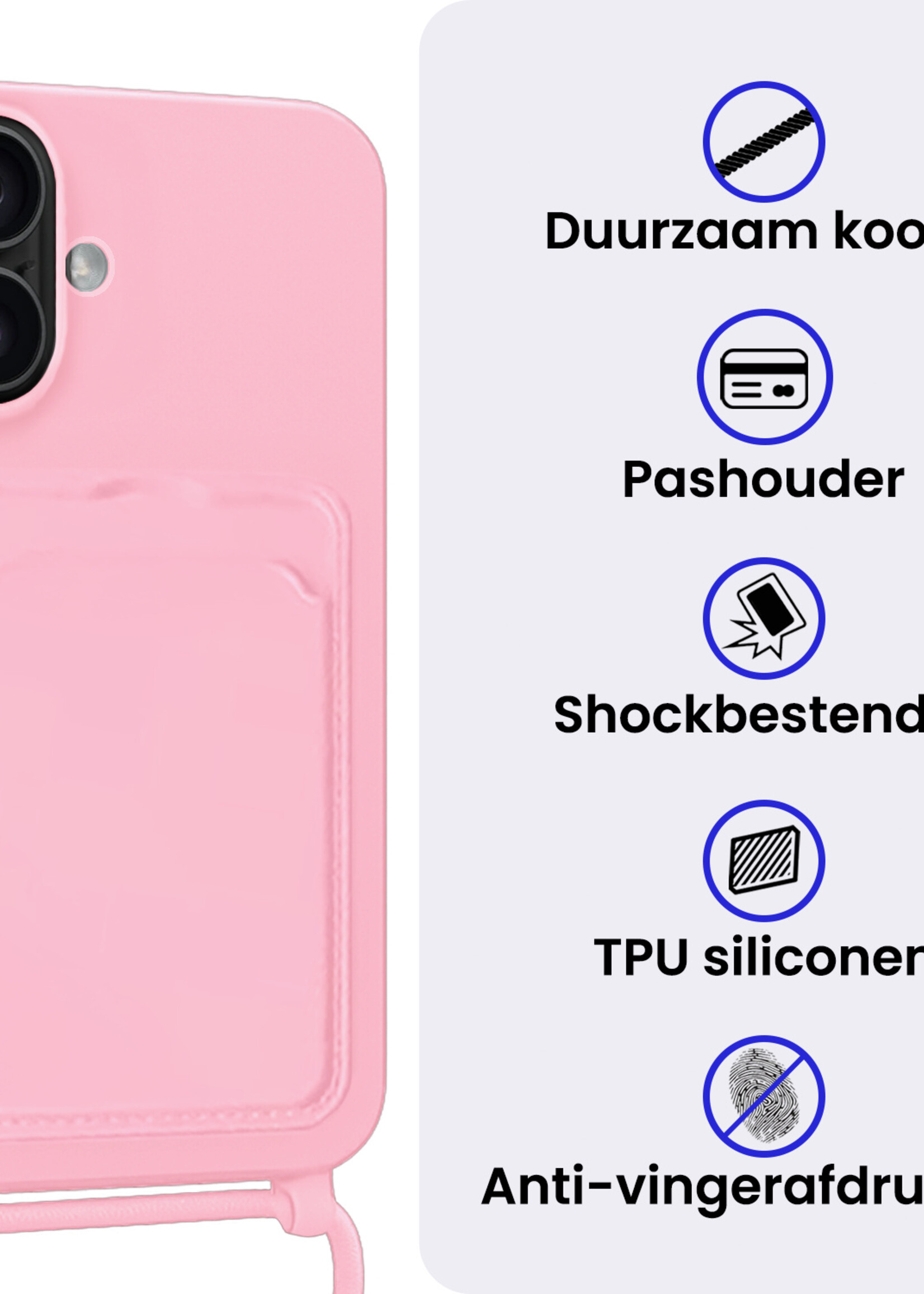 BTH BTH iPhone 17 Hoesje Pashouder met Koord Met Screenprotector - Lichtroze