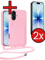 BTH BTH iPhone 17 Hoesje Pashouder met Koord Met 2x Screenprotector - Lichtroze